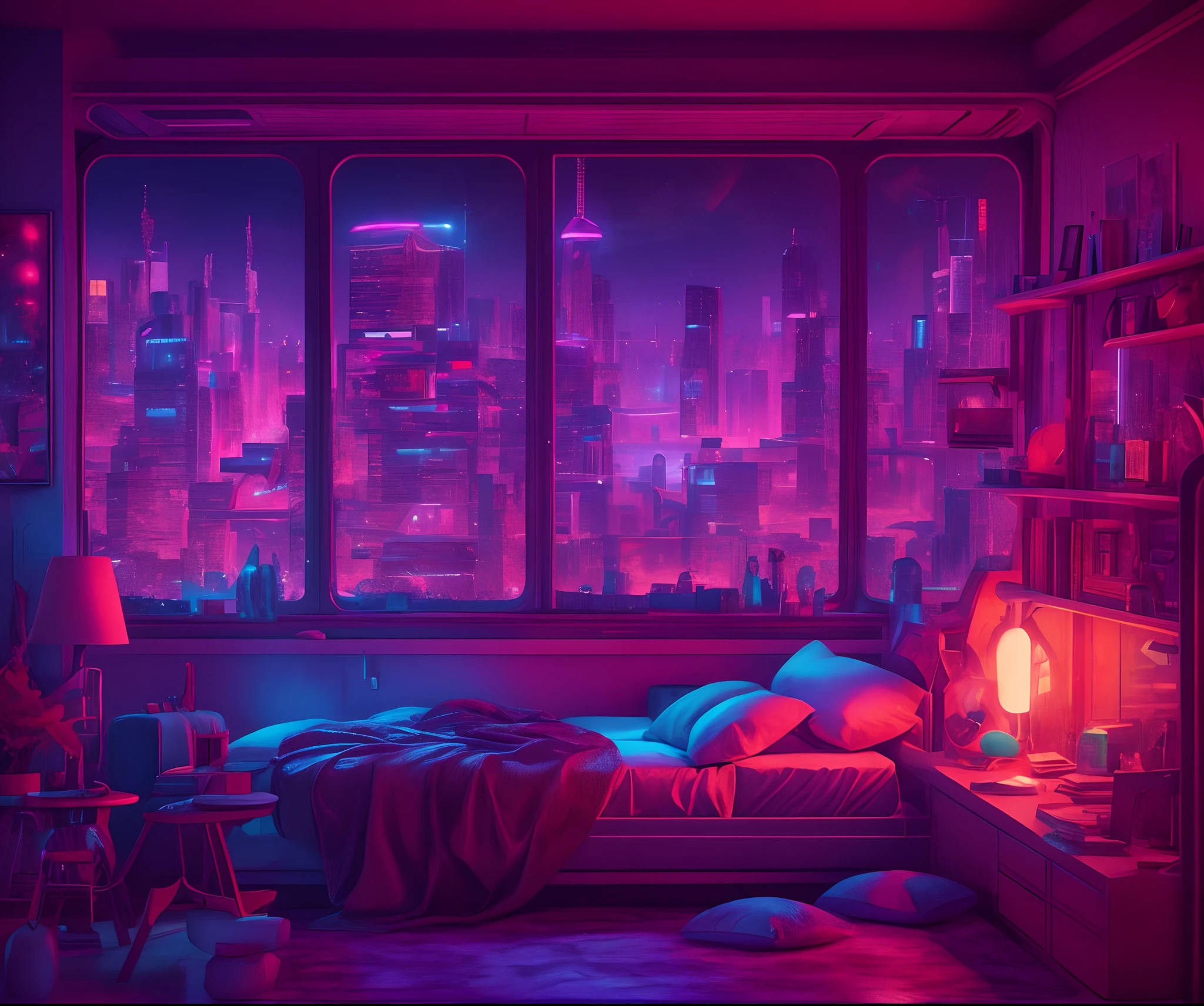 ((masterpiece)), (ultra-detailed), (intricate details), (high resolution CGI artwork 8k), Create an image of a small realistic antique (bedroom) at nighttime with warm and cozy coloring. One of the walls should feature a big window with a busy, colorful, and detailed (cyberpunk), synthwave, neon cityscape. The city should have a futuristic style with lots of colors, neon lights, signs, and differently-sized buildings. The cityscape should be extremely detailed with depth of field. The city should have a lot of visual interest with many small details. Utilize atmospheric and ambient lighting to create depth and evoke the feel of a busy futuristic city outside the window. Pay close attention to details like intricate, hires eyes and 90s bedroom accents. Camera: wide shot showing the bed or desk and the window. The window should be the focal point of the image. Lighting: use atmospheric and volumetric lighting to enhance the cityscape details. The room should be illuminated by the neon lights from the cityscape.