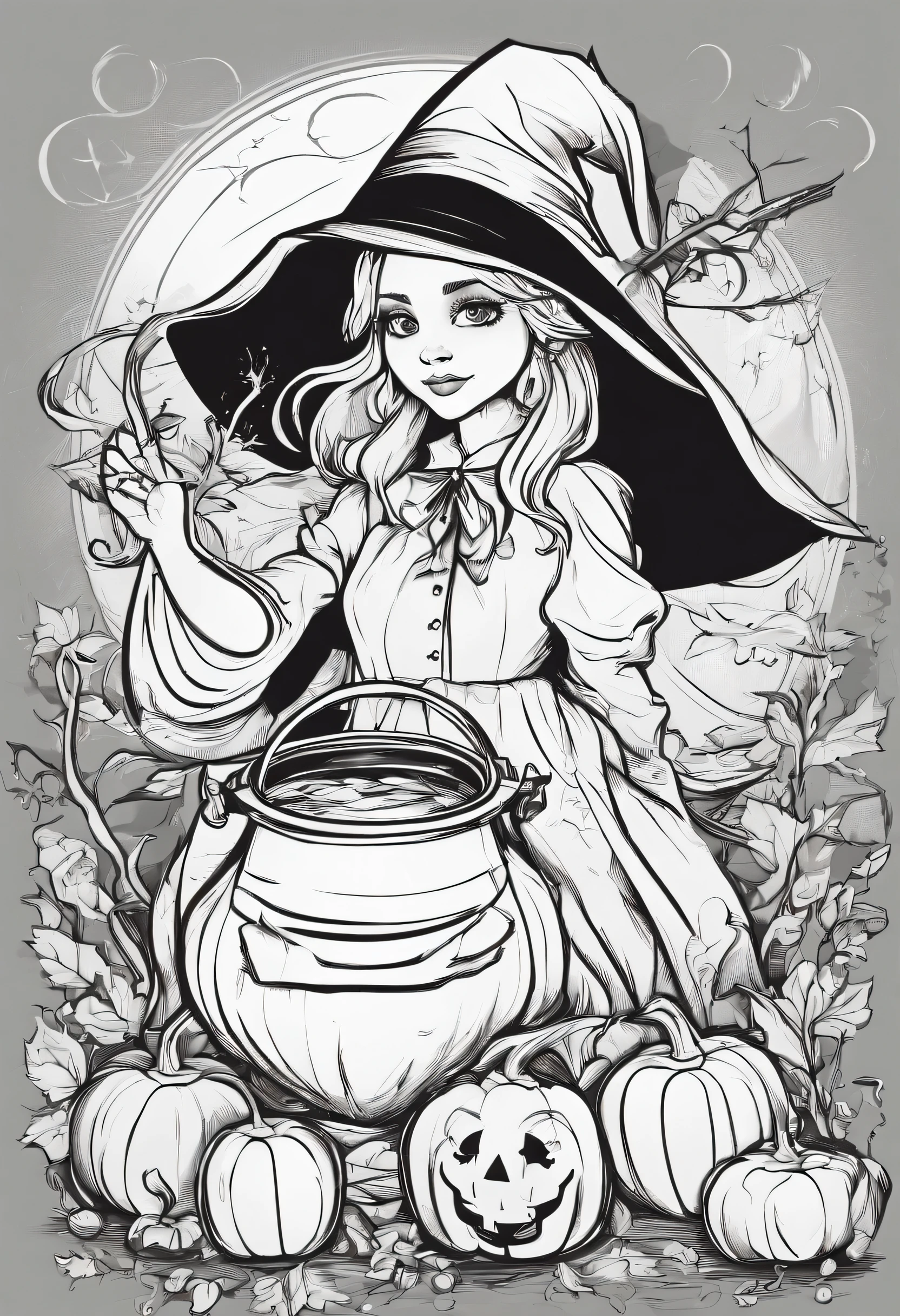 Small and cute witch in anime style、Anime girl witch mixing cauldron、Lots of jack-o'-lantern backgrounds、high-level image quality、Precision painting、4K、Hero Academia Style Art