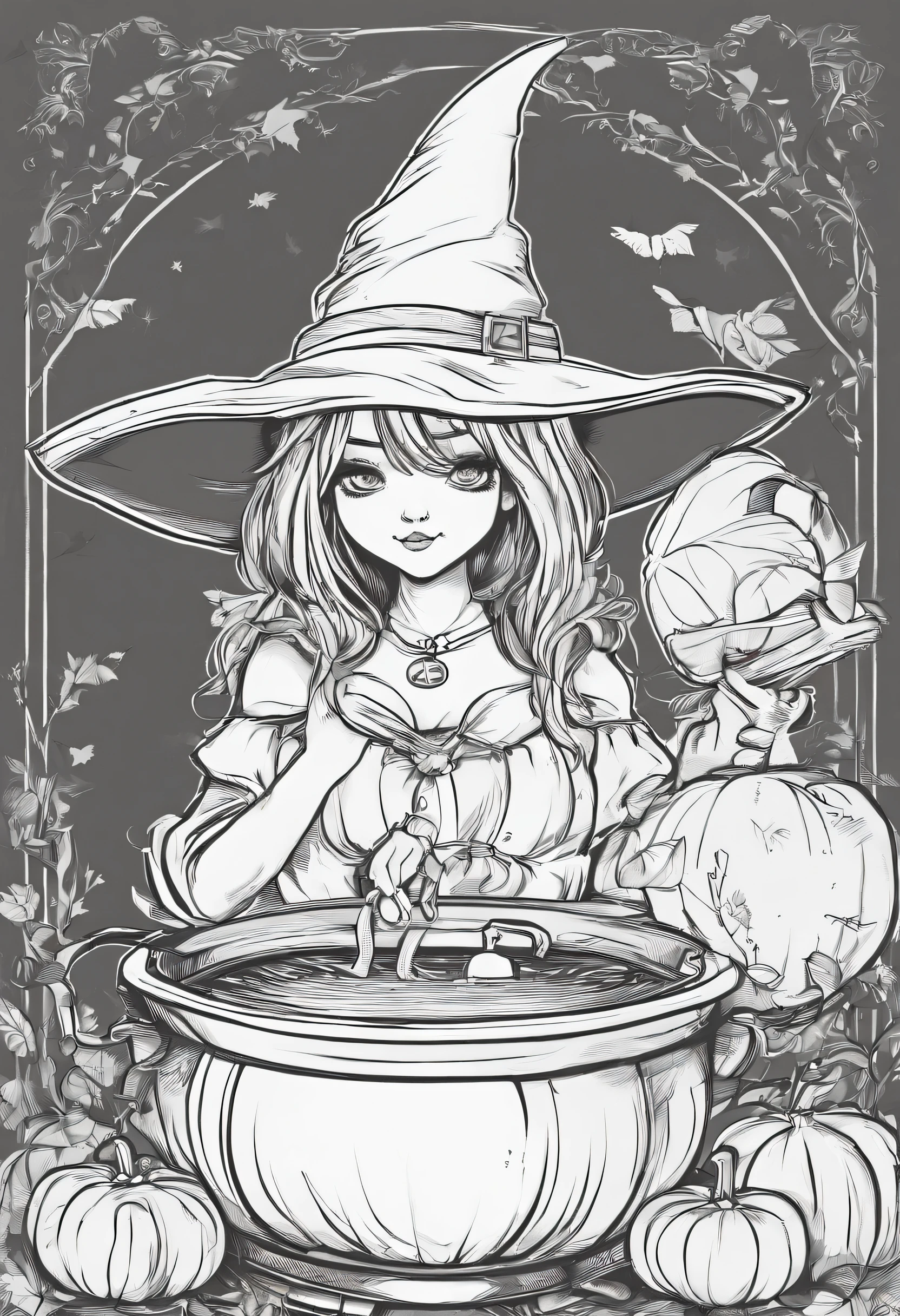 Small and cute witch in anime style、Anime girl witch mixing cauldron、Lots of jack-o'-lantern backgrounds、high-level image quality、Precision painting、4K、Hero Academia Style Art