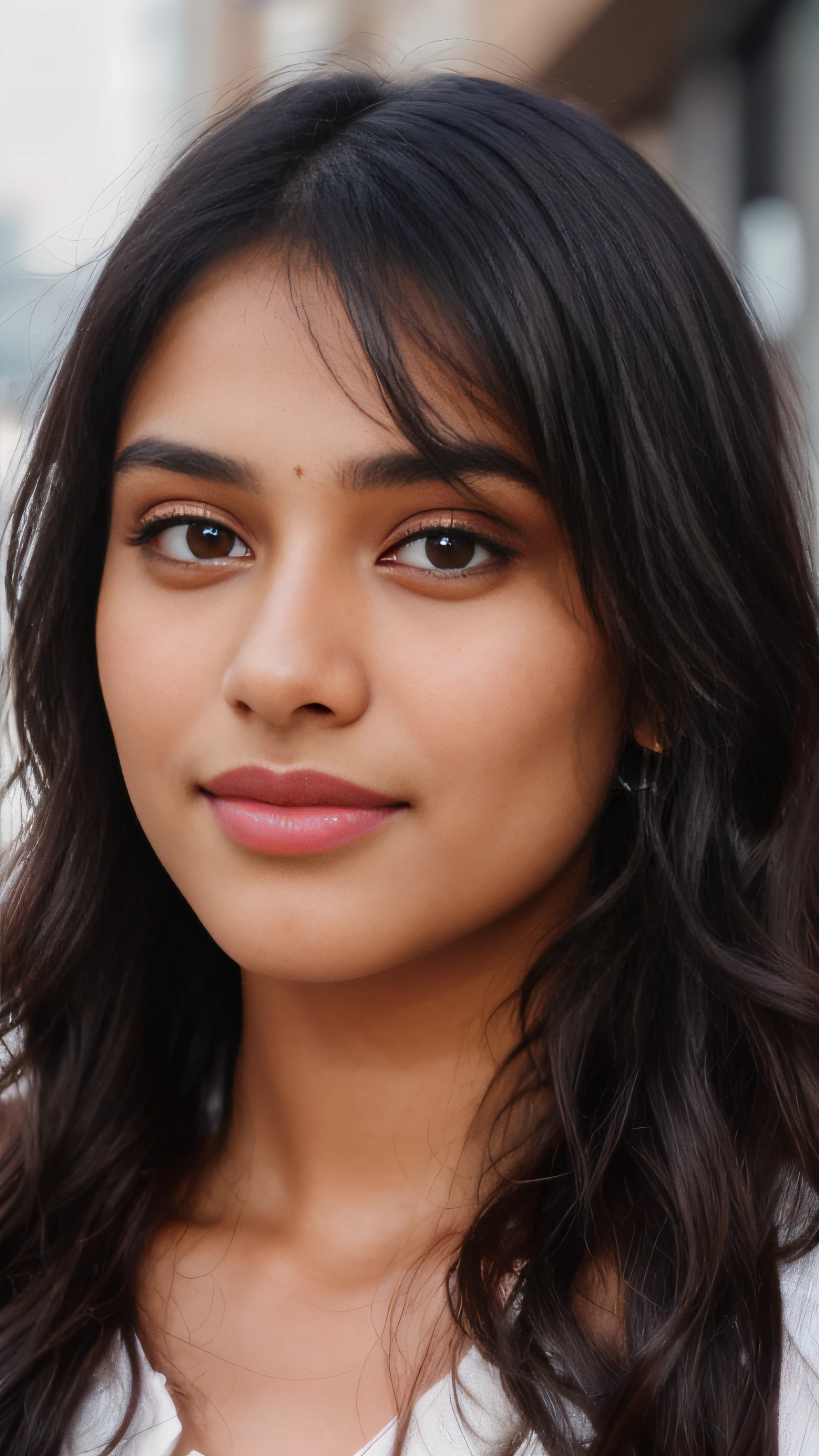 there is an Indian woman with black long hair and a white shirt, tiktok video, with accurate face, with round face, indian girl with glowing skin, full round face, with cute - fine - face, ultra hd image, beuatiful face, good looking face, with cute doting eyes, she has a cute expressive face, ((film grain, skin details, high detailed skin texture, 8k hdr, dslr)), photography taken by sony DSLR, Hd image