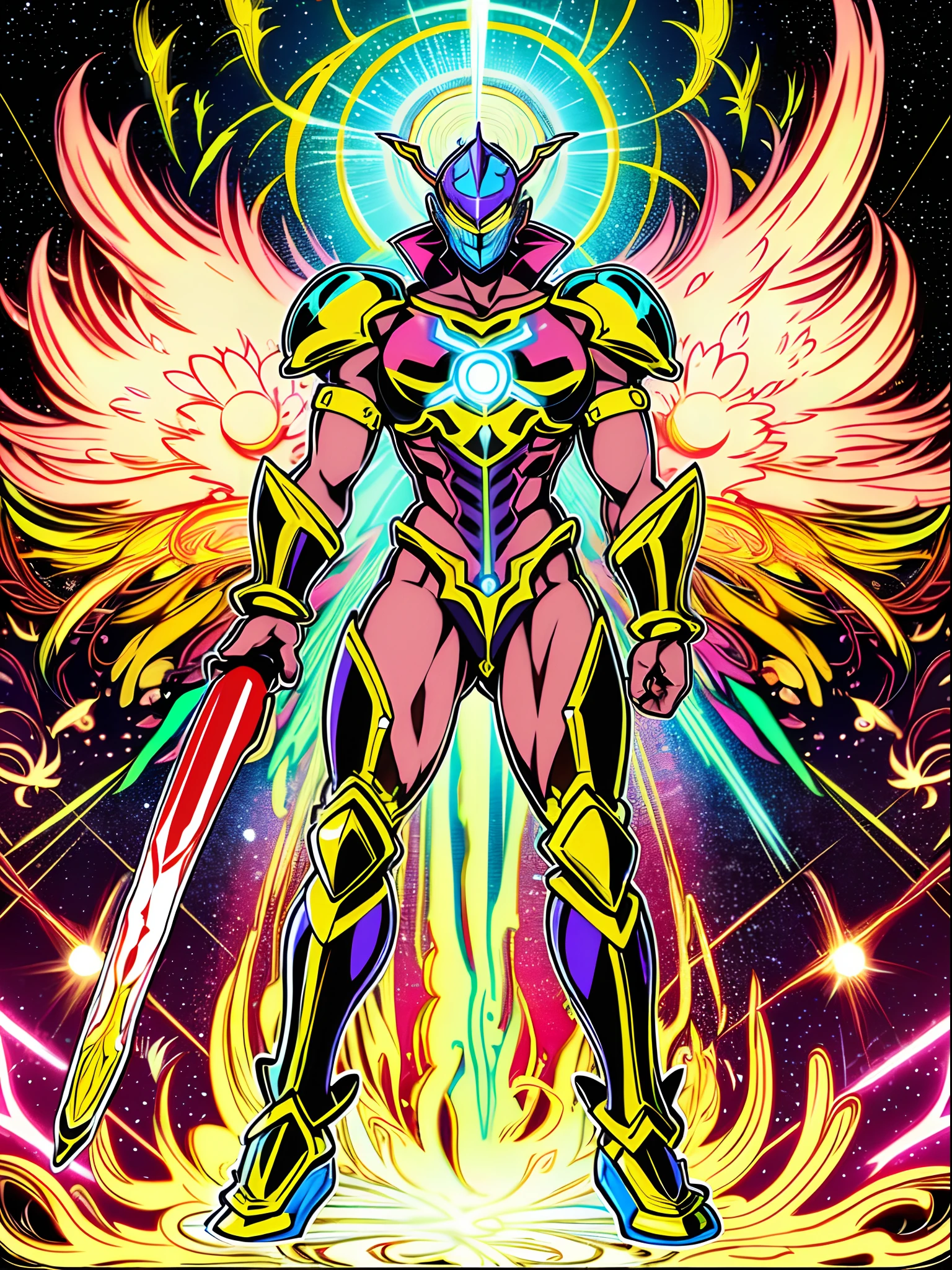 sentai ,, standing solo, weird, bizzare, angelic, divine, aura, celest, male, armor, knight, full body, psychedelic,