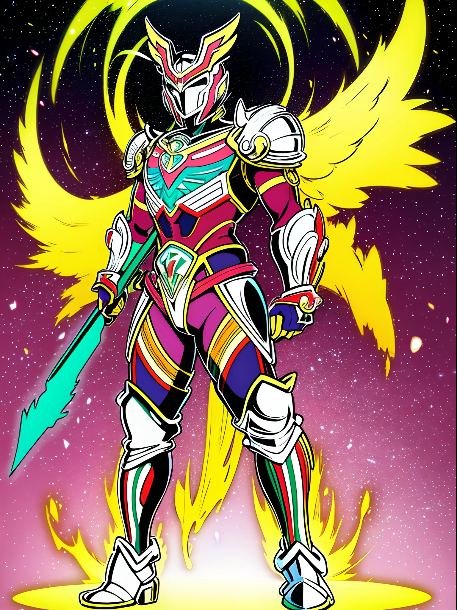 sentai ,, standing solo, weird, bizzare, angelic, divine, aura, celest, male, armor, knight, full body, psychedelic,