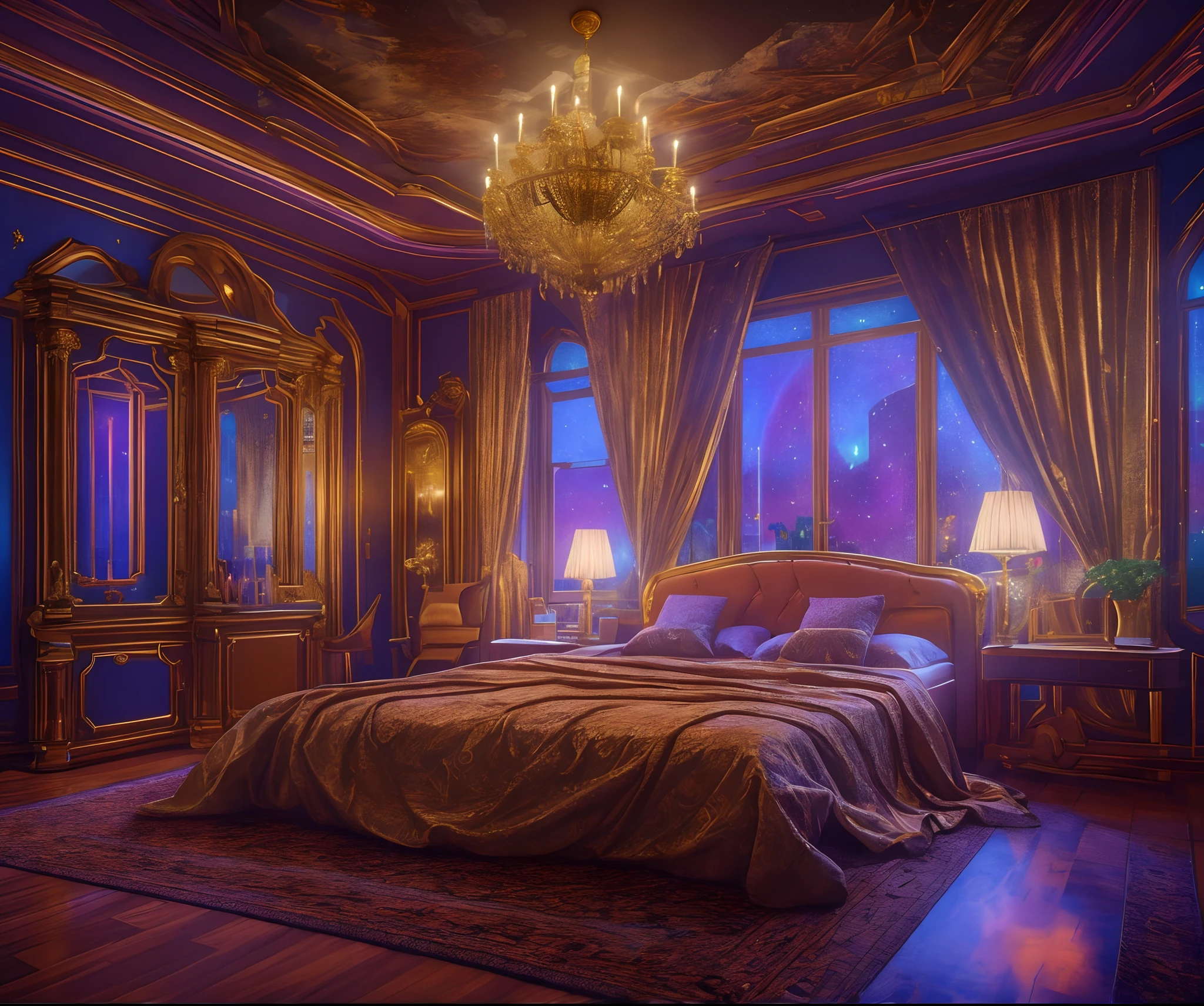 ((masterpiece)), (ultra-detailed), (intricate details), (high resolution CGI artwork 8k), This artwork emphasizes the contrast between past and future. Create an image of a lady's boudoir from the 17th century. The furniture should be antique, heavy, solid wood with subtle gilded details. The walls have elegant silk wallpaper in (muted colors) and the fabrics are embroidered french silk. The interior of the room should be warm and elegant, with simple royal chateau vibes. The interior of the boudoir should not have saturated colors. One of the walls in the boudoir features a big window. A futuristic cyberpunk 2077 city is visible through the window. It is nighttime. The city is highly detailed with bright neon signs, multiple sizes of buildings and windows, and high visual interest and depth of field. The city has a neon and synthwave aesthetic paired with ethereal fantasy touches. The interior of the boudoir should be gently illuminated with lights from the neon cyberpunk city. The sky should be a highly intricate galaxy background with aurora borealis. Camera: (The window should be the focal point.) Resolution: This is an extremely high resolution image. Pay special attention to enhancing small details and maintaining a pleasing aura.