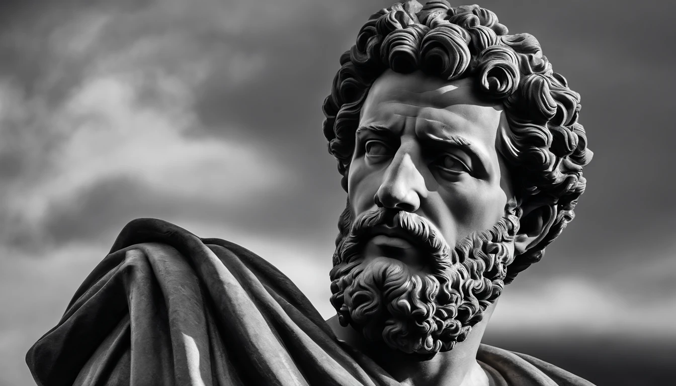 a portrait statue of the stoic Marcus Aurelius in black and white 4K,Face de lado, papel de parede super realista, sem camisa, corpo forte,barriga forte, corpo todo