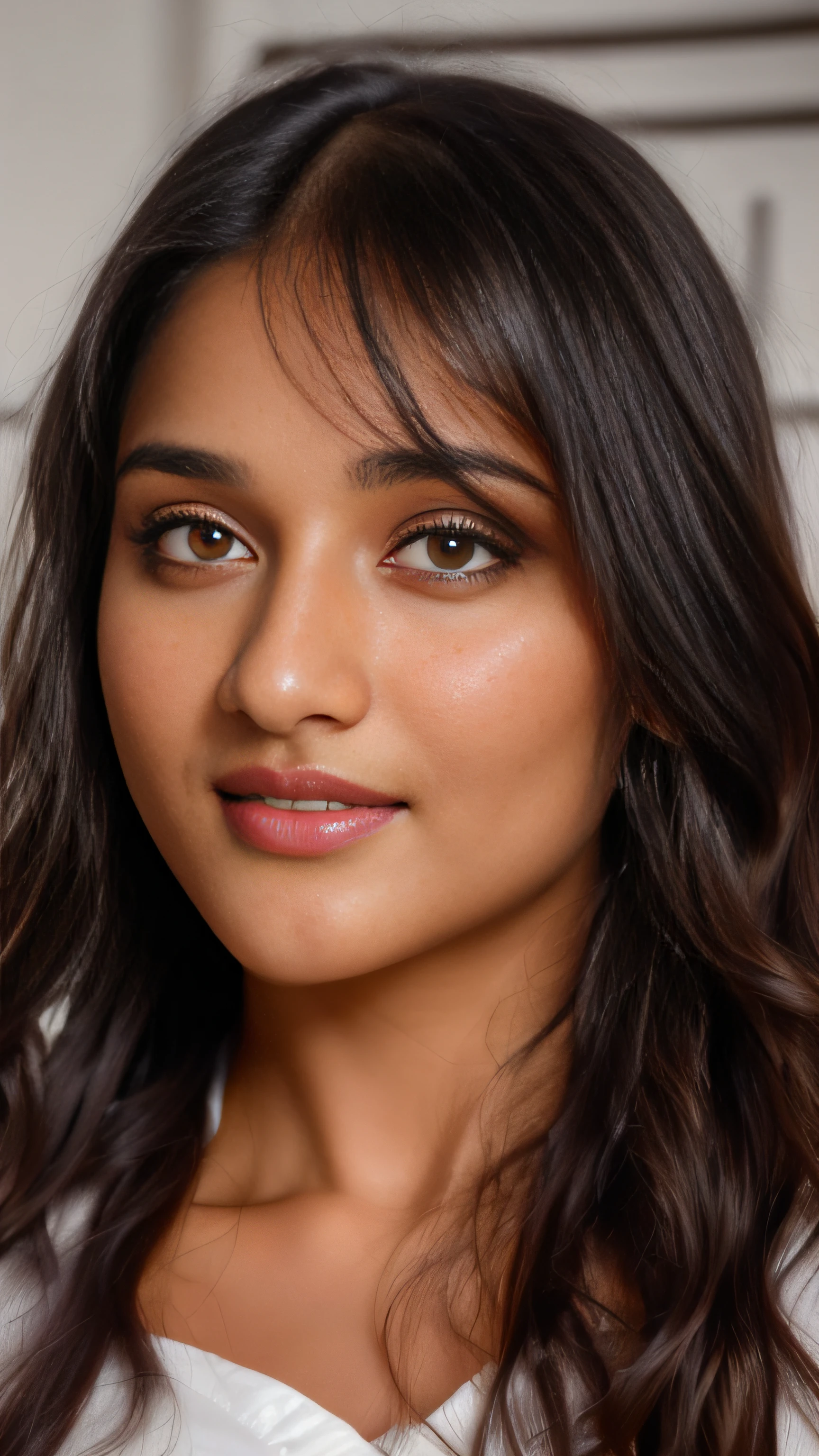 there is an Indian woman with black long hair and a white shirt,dark red big natural lips, cute round face, with accurate face, with round face, indian girl with glowing skin, full round face, with cute - fine - face, ultra hd image, beuatiful face, good looking face, with cute doting eyes, she has a cute expressive face, ((film grain, skin details, high detailed skin texture, 8k hdr, dslr)), photography taken by sony DSLR, Hd image