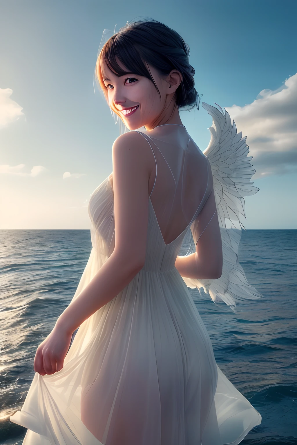 /imagine photorealistic, 8k, Makoto Shinkai style. Beautiful angel. Perfect body, (perfect face with happy smile:1.5). She wears thin silk summer light blue dress with large wings at her bag. She is looking back and stares at you. lovely double exposure image by blending together a stormy sea and a glass apple. The sea should serve as the underlying backdrop, with its details subtly incorporated into the glossy glass apple, sharp focus, double exposure, glossy glass apple, (translucent glass figure of an apple) (sea inside) lifeless, dead, glass apple, earthy colors, decadence, intricate design, hyper realistic, high definition, extremely detailed, dark softbox image, raytracing, cinematic, HDR, photorealistic (double exposure:1.1)