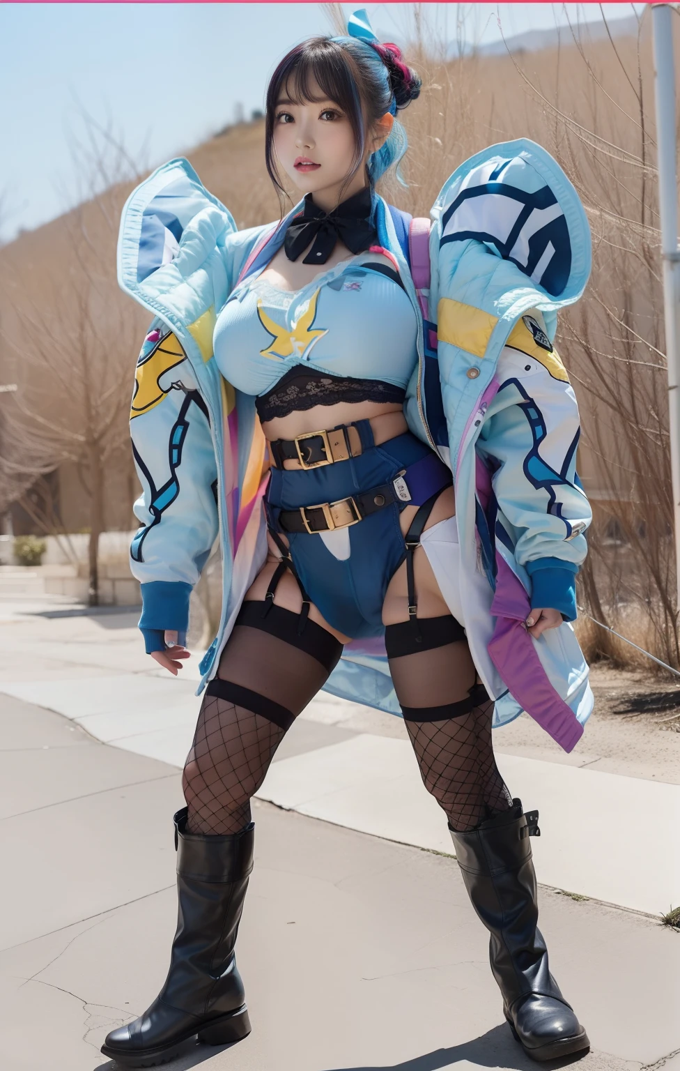 infp young woman、large full breasts、beautiful foot、Colorful hair、、Good Style、White and light blue tops、Leotards and fishnet stockings、Light blue jacket