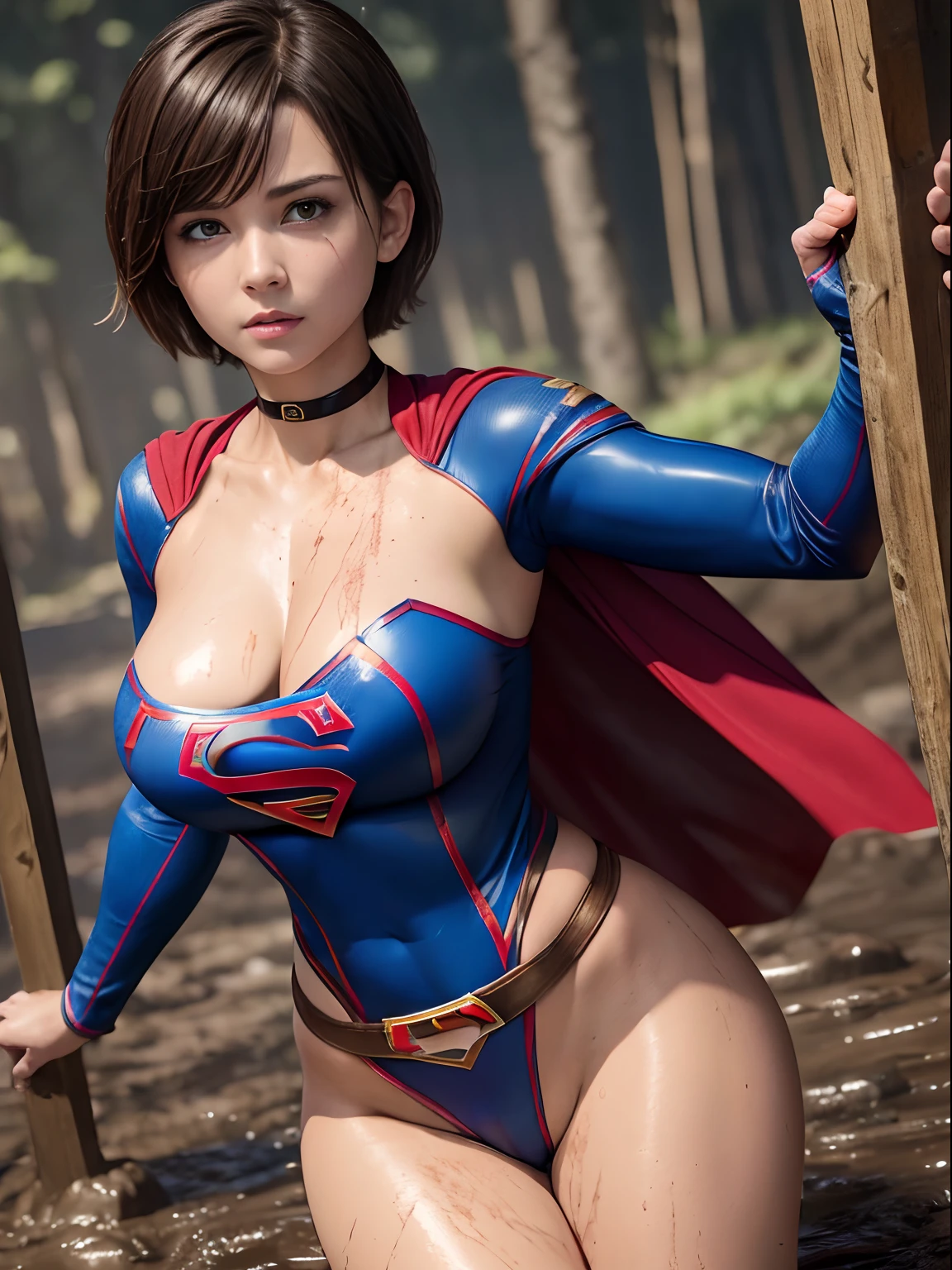 (Best Quality,4K,8K,hight resolution,masutepiece:1.2),Ultra-detailed,Realistic:1.37,Super masterpiece, Short-haired Supergirl fell into a quagmire、large full breasts、Looking at the camera、Glossy costume、Crotch、Mud stains、Covered in mud、wounded、a choker