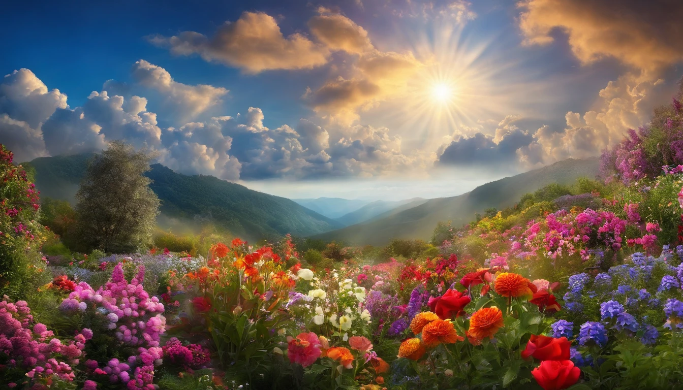 Heaven, Heaven, light, brilliance, Happiness, Bright smile, Glitter, Flowers, Flower Garden, Halo, Clouds