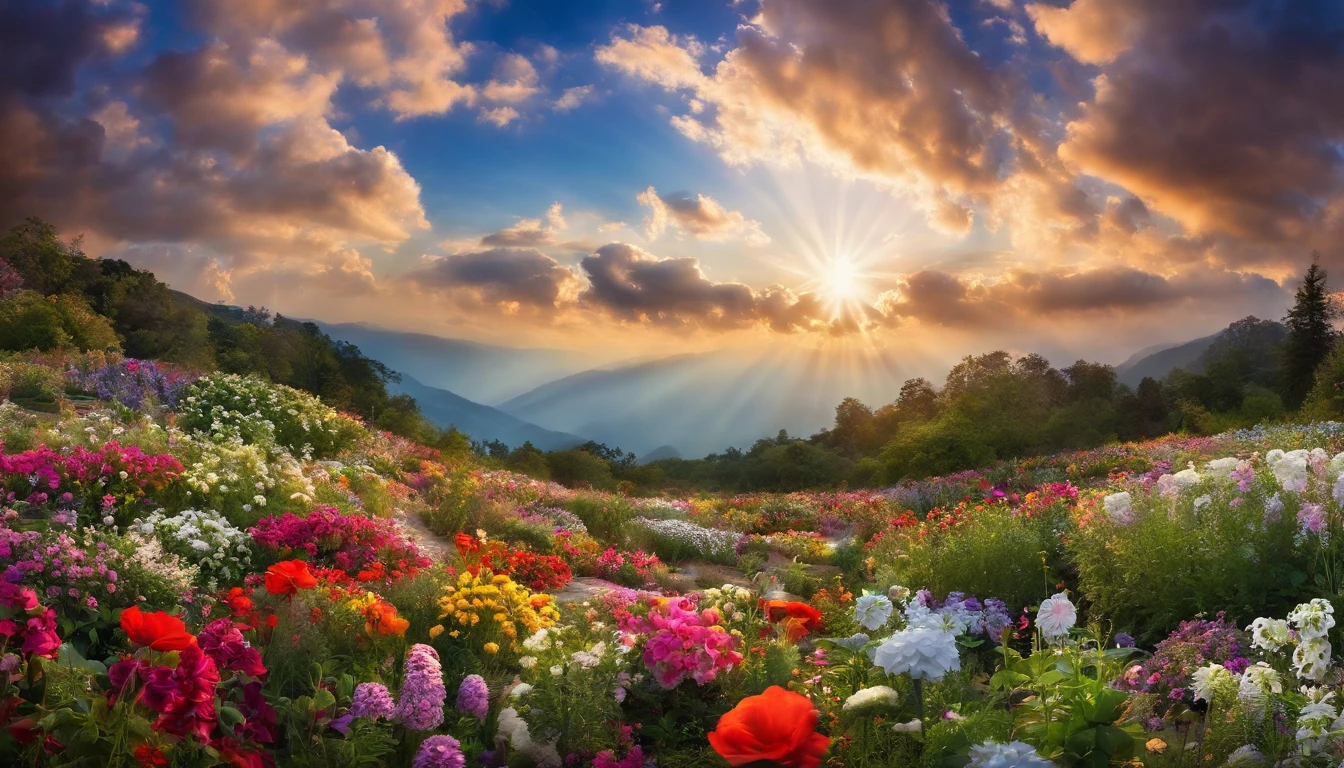 A close up of a field of flowers with a sky in the background - SeaArt AI