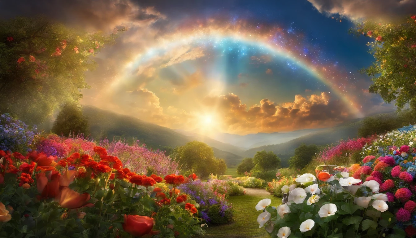 Heaven, Heaven, light, brilliance, Happiness, Bright smile, Glitter, Flowers, Flower Garden, Halo, Clouds