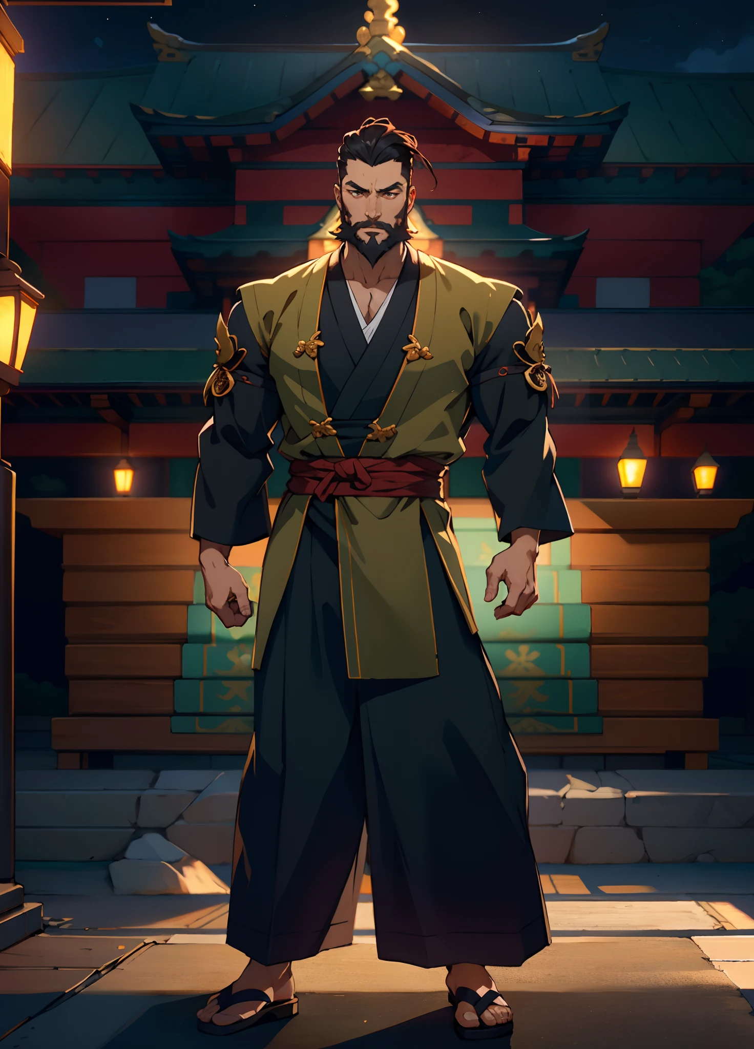 A middle-aged man of about 50 years old, neatly combed short hair slicked back, two strands of bangs hanging down, a beard, well-defined facial features, a loose two-piece fantasy-style Dao robe, has long sleeves, with black as the main color and red as the accent color in the design, loose trousers that match the outfit, standing in front of a traditional Chinese temple, under the night sky, this character embodies a finely crafted fantasy-style Chinese martial artist character in anime style, characterized by a sophisticated and mature manga illustration art style, high definition, best quality, highres, ultra-detailed, ultra-fine painting, extremely delicate, professional, anatomically correct, symmetrical face, extremely detailed eyes and face, high quality eyes, creativity, RAW photo, UHD, 8k, Natural light, cinematic lighting, masterpiece:1.5