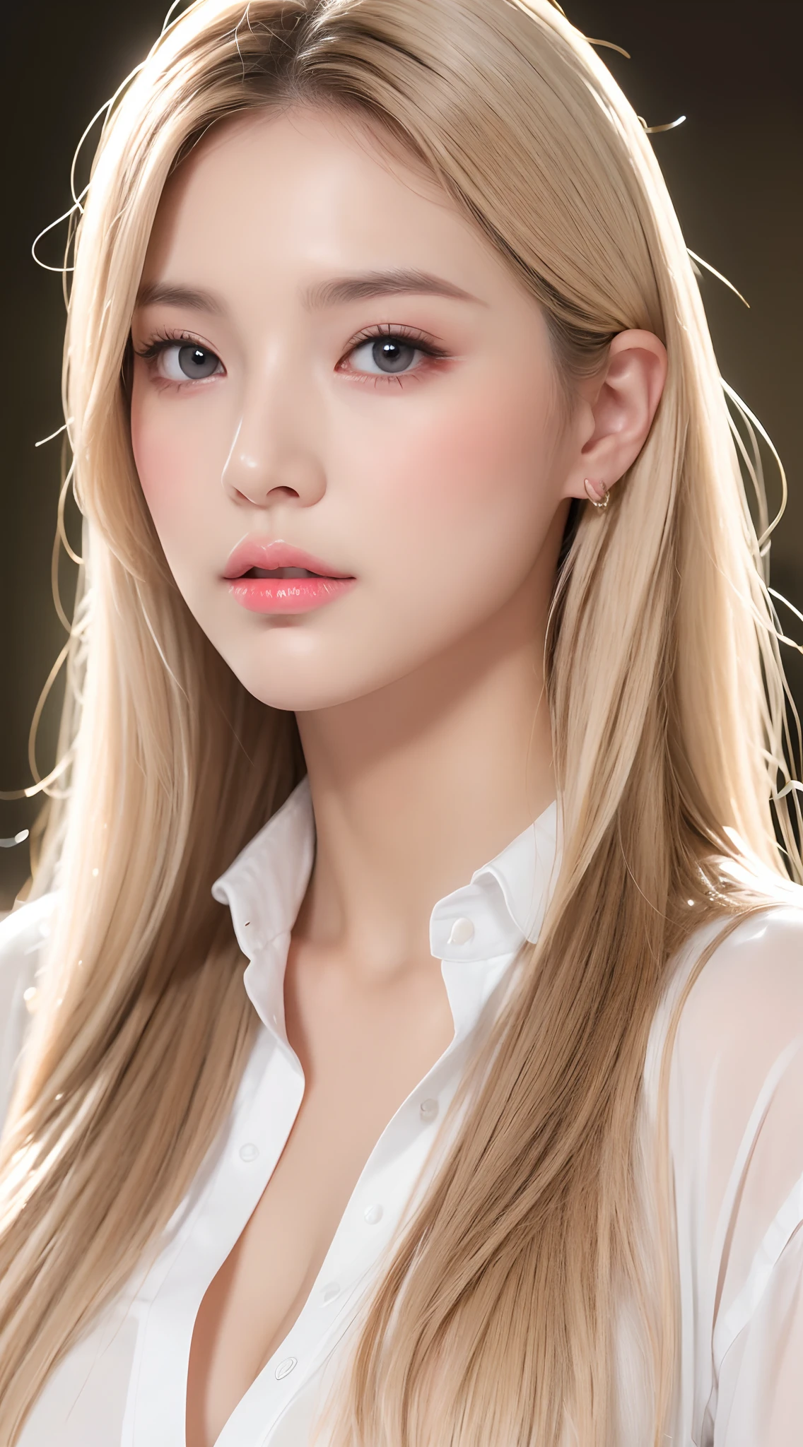 8k, Top image quality、Raw photography、超A high resolution、A pretty girl with perfect figure :ỉl3、((idol K-pop)), Colossal tits:1.3、cleavage of the breast:1.3 , ((open shirt show )), (detailed face ), (detailed white shirt), full body, fair white skin、shiny white skin、(wavy blonde hair)、dark brown hair、dark brown hair、Beautiful eyes with random colors、very thin lips, finely detail、elongated eyes、pale pink blush、long eyeslashes、Beautiful double eyelids、eyeshadows、master Office、Lighting that emphasizes beautiful skin、Lustrous skin