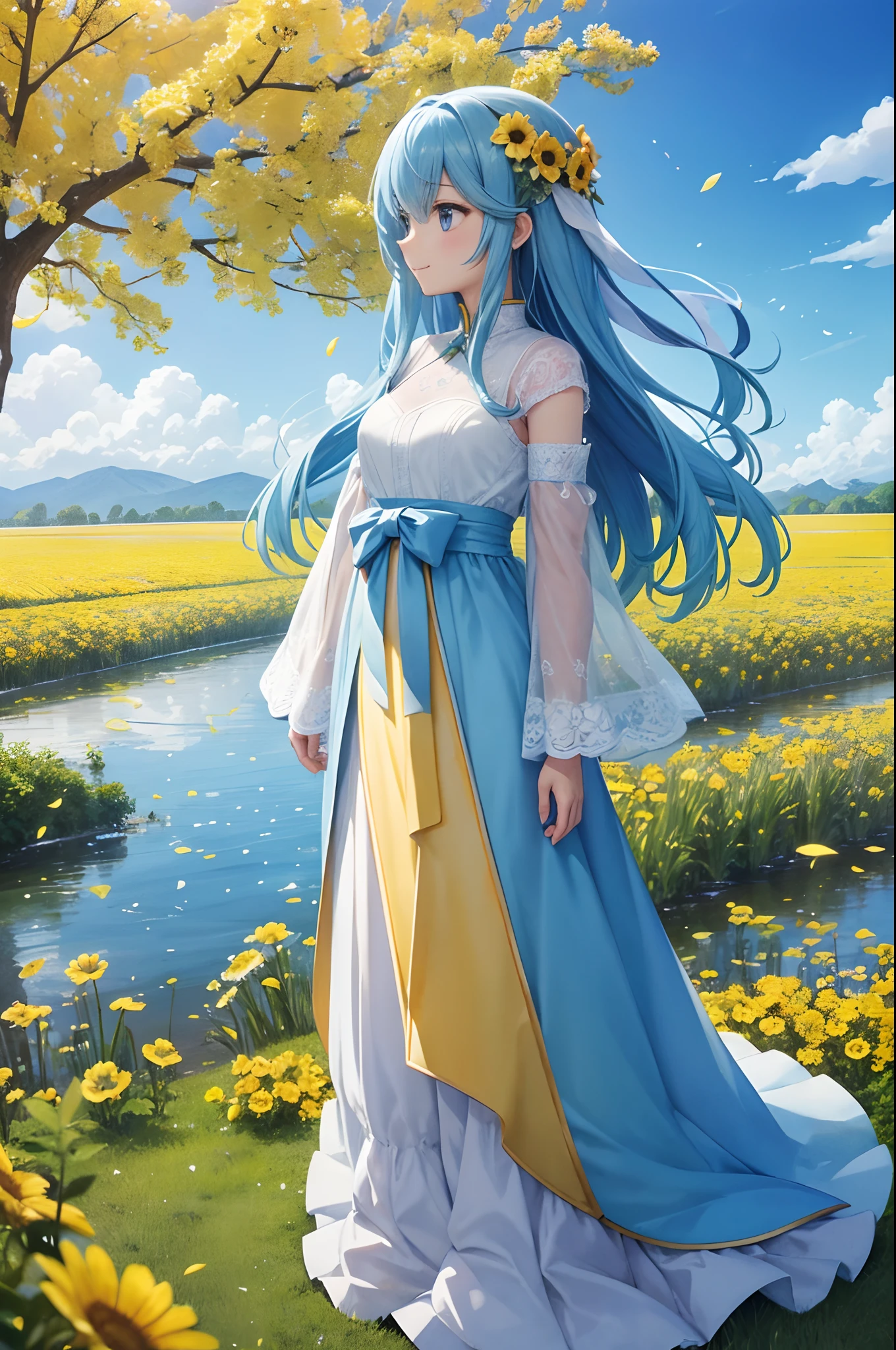 (hight resolution、ultra-detailliert、nffsw、movie)、独奏、1girl in、Happiness、Girl Standing In Yellow Flower Field、Girl around the petals、A charming smile、full body Esbian、Long-haired girl with blue hair、lightblue hair、facing front、Fantasia、Official art、pop-art、profile、hyperdetailed face、ultradetailed eyes、Yellow flower garden、Ultra Detailed Fields、White blue sky、 Cold、shuicolor、blanche、Nebulae in the sky、Blue tree、watercolor paiting、PastelColors