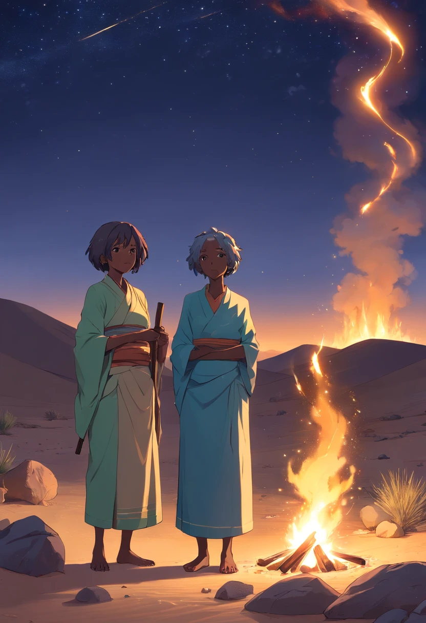 5 African old women in desert at night with sticks around afire telling story. starry night, sparks from the campfire, mystical