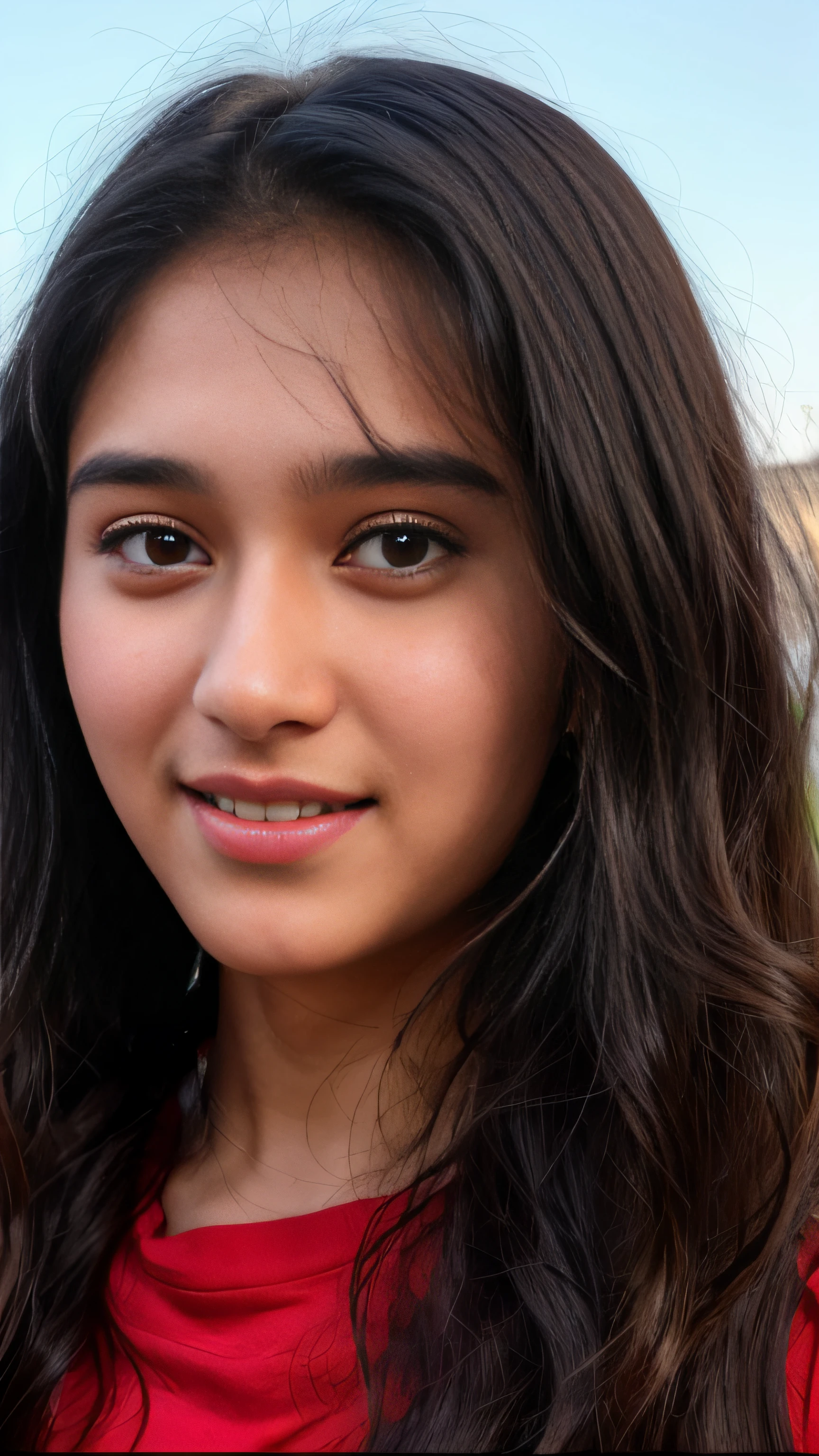 arafed woman with long dark hair and a red shirt, tiktok video, with accurate face, youtube video screenshot, indian girl with brown skin, low quality video, with cute - fine - face, with round face, beuatiful face, with cute doting eyes, full round face, close up face, new song, very very very beautifull face