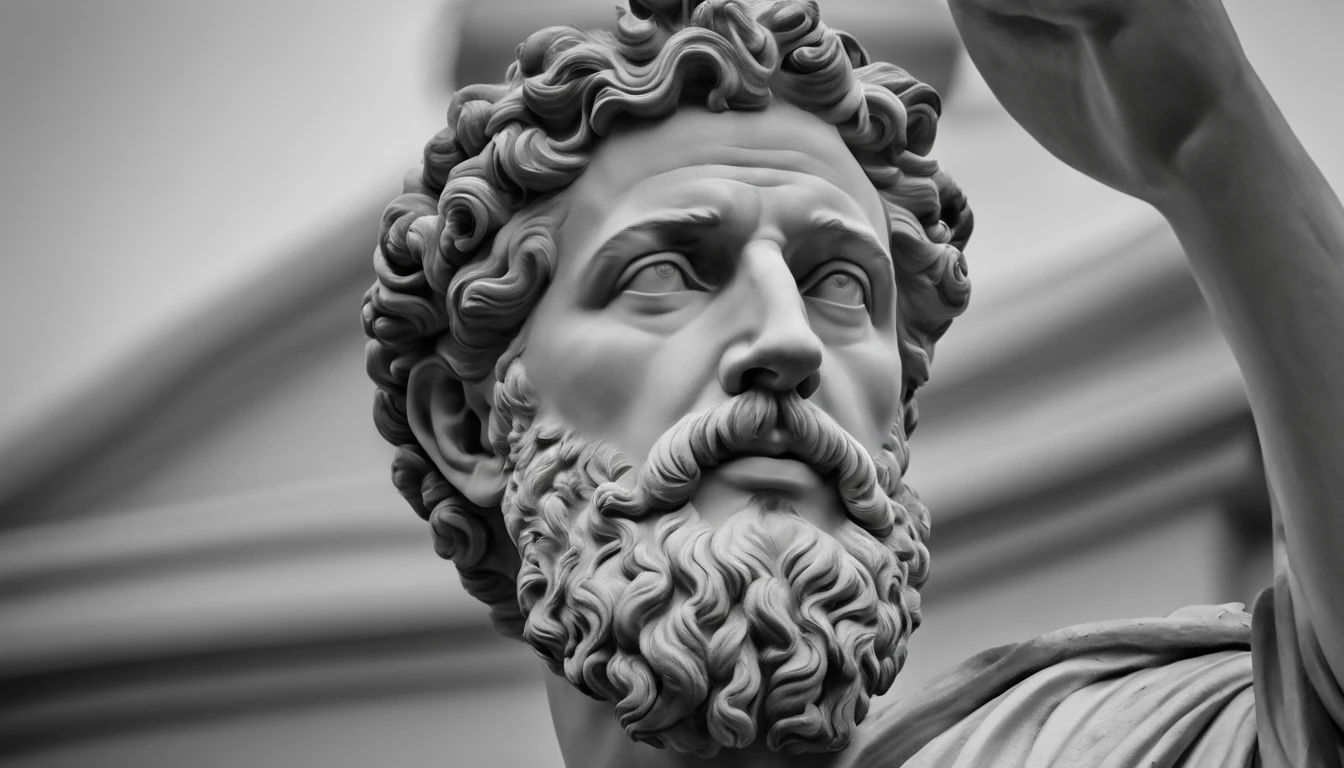 a statue of the stoic Marcus Aurelius in black and white 4K, papel de parede super realista, sem camisa, corpo forte,barriga forte, corpo todo,