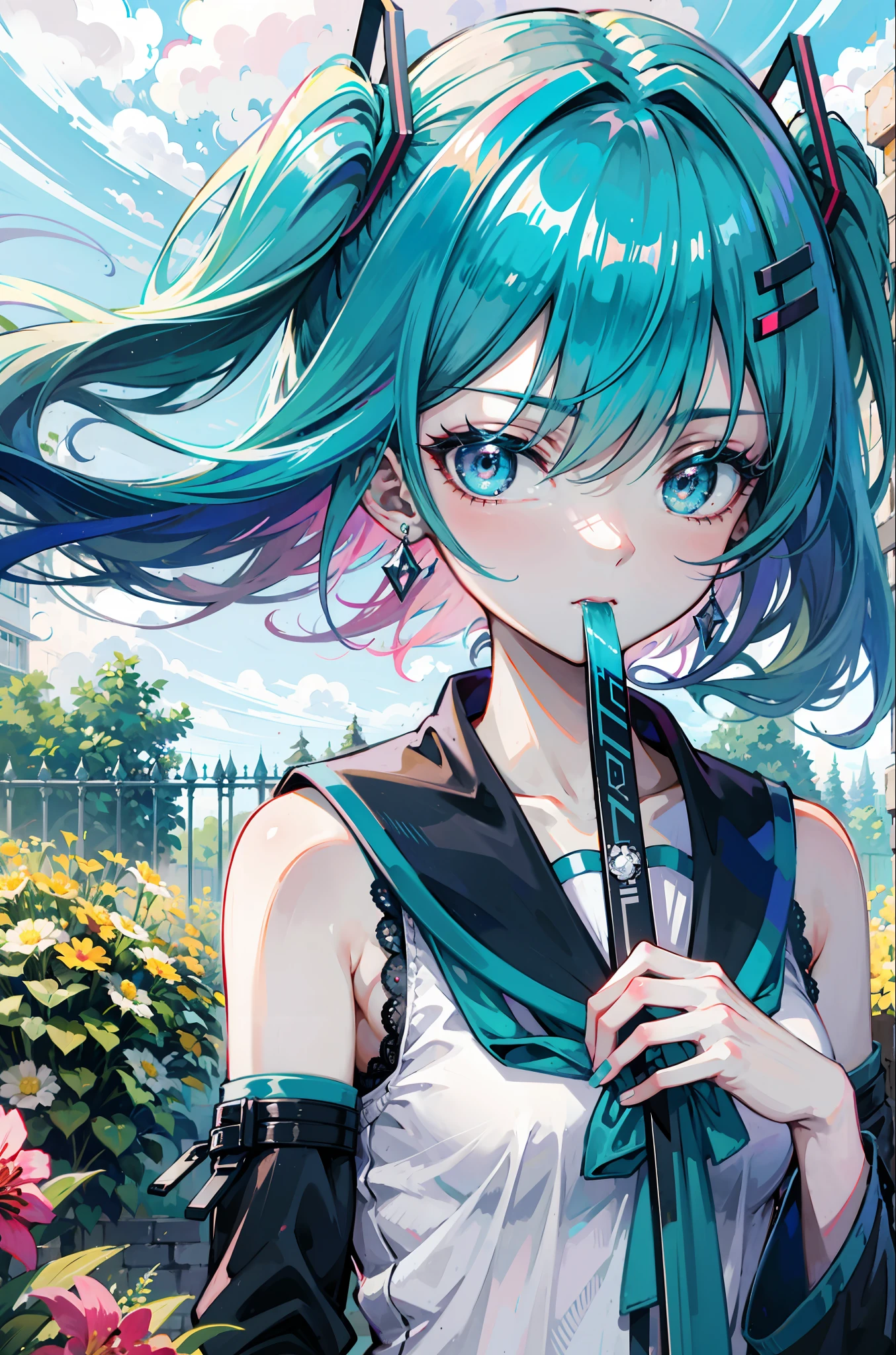 miku hatsune : 1.1, blue hair: 1.2, school uniform, Daytime: 1.2,In the garden: 1.1, flowers, Film lighting, Surrealism, UHD, accurate, Super detail, textured skin, High detail, Best quality, 8k,Thin bangs, (colorful splashes),colorful bubble,(shining), thick body, sleeveless, well drawn hands, mouth showing fangs