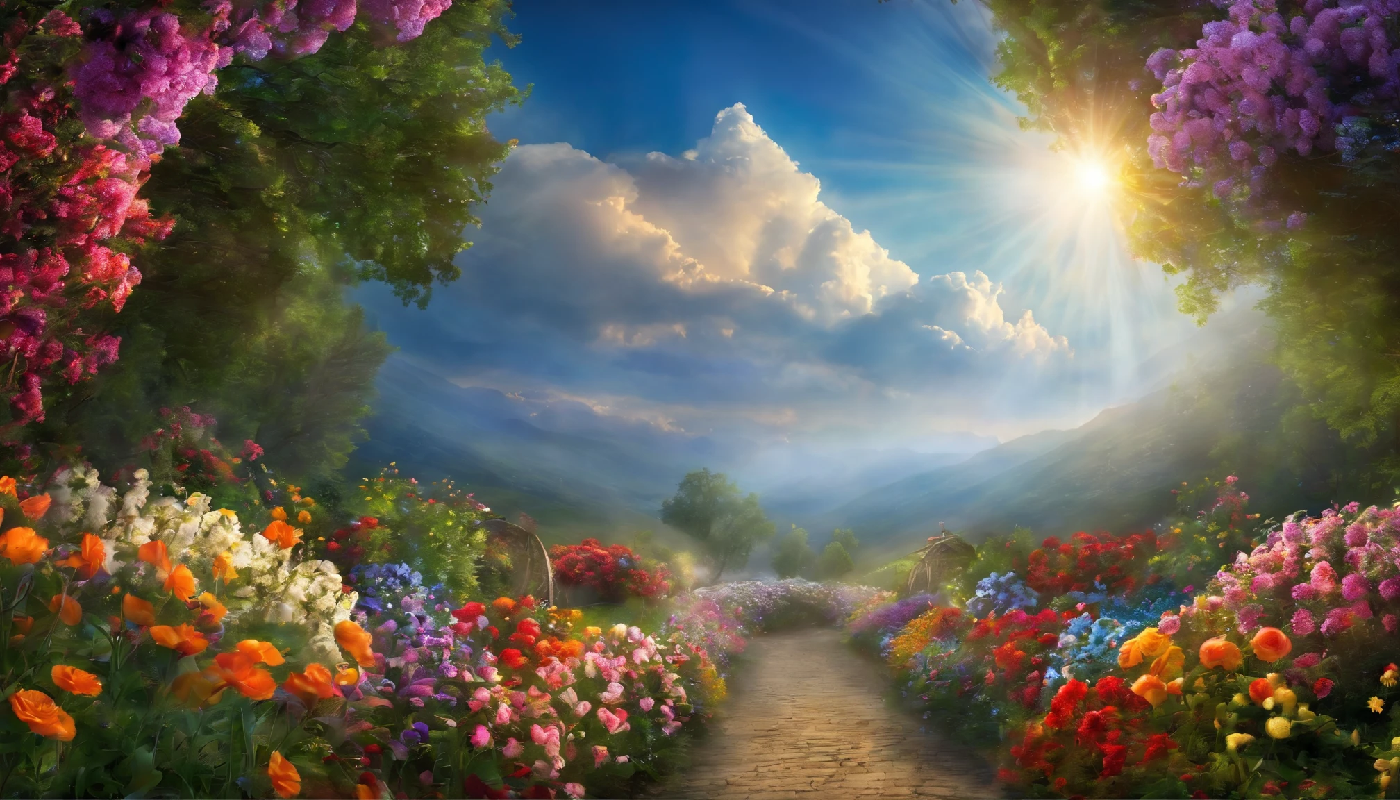 Heaven, Heaven, light, brilliance, Happiness, Bright smile, Glitter, Flowers, Flower Garden, Halo, Clouds
