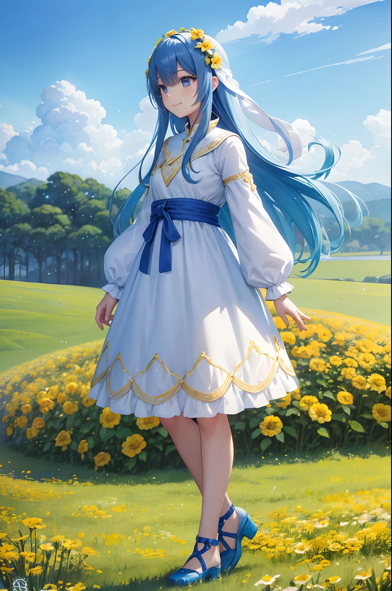 (hight resolution、ultra-detailliert、nffsw、movie)、独奏、1girl in、Happiness、Girl Standing In Yellow Flower Field、Girl around the petals、A charming smile、full body Esbian、Long-haired girl with blue hair、lightblue hair、facing front、Fantasia、Official art、pop-art、profile、hyperdetailed face、ultradetailed eyes、Yellow flower garden、Ultra Detailed Fields、White blue sky、 Cold、shuicolor、blanche、Nebulae in the sky、Blue tree、watercolor paiting、PastelColors