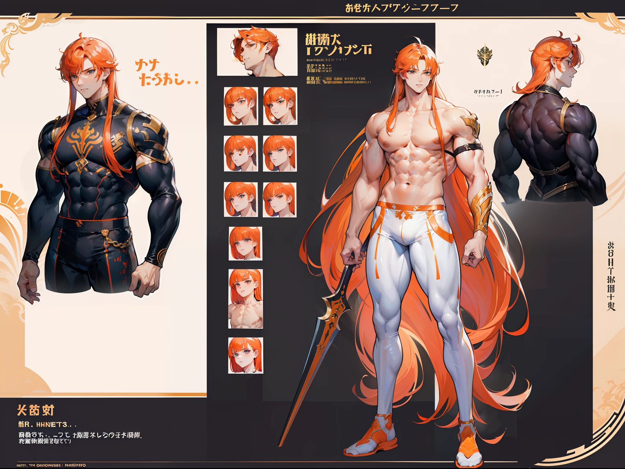 ((Masterpiece, Highest quality)), Detailed face, character design sheet, full bodyesbian, Full of details, frontal body view, back body view, Highly detailed, Depth, Many parts, Muscle boy with long orange hair with long bangs,handsome man, muscle body, white outfit male gods, man tall