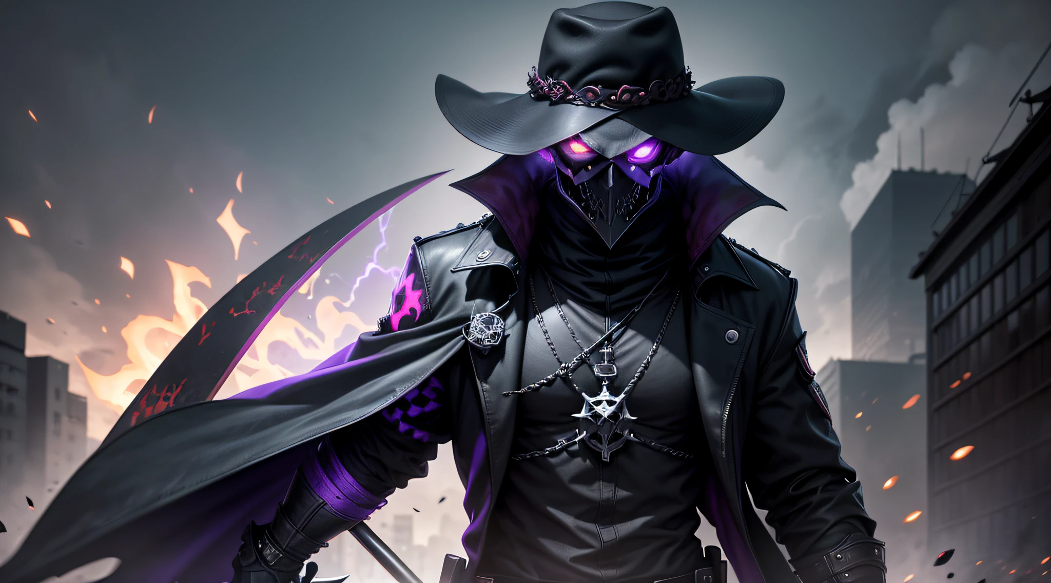 1guy, short black hair , one red eye , one purple eye ,glowing eye , purple theme , wearing gravedigger hat , with a scythe , gravedigger coat , full black skull mask , hell , covered face , high res, ultrasharp, 1080p, masterpiece , desktop background