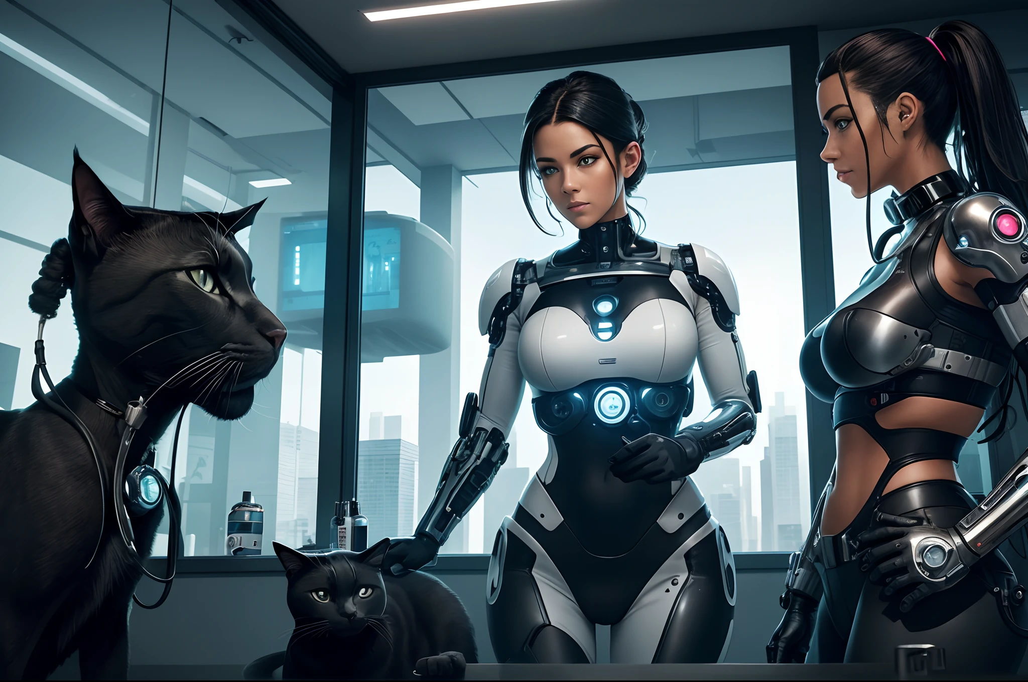 A beautiful mechanic girl, working as a veterinarian, examining a cyborg black and white cat. Futuristic veterinary consult. Big windoe with view to a cyberpunk city.