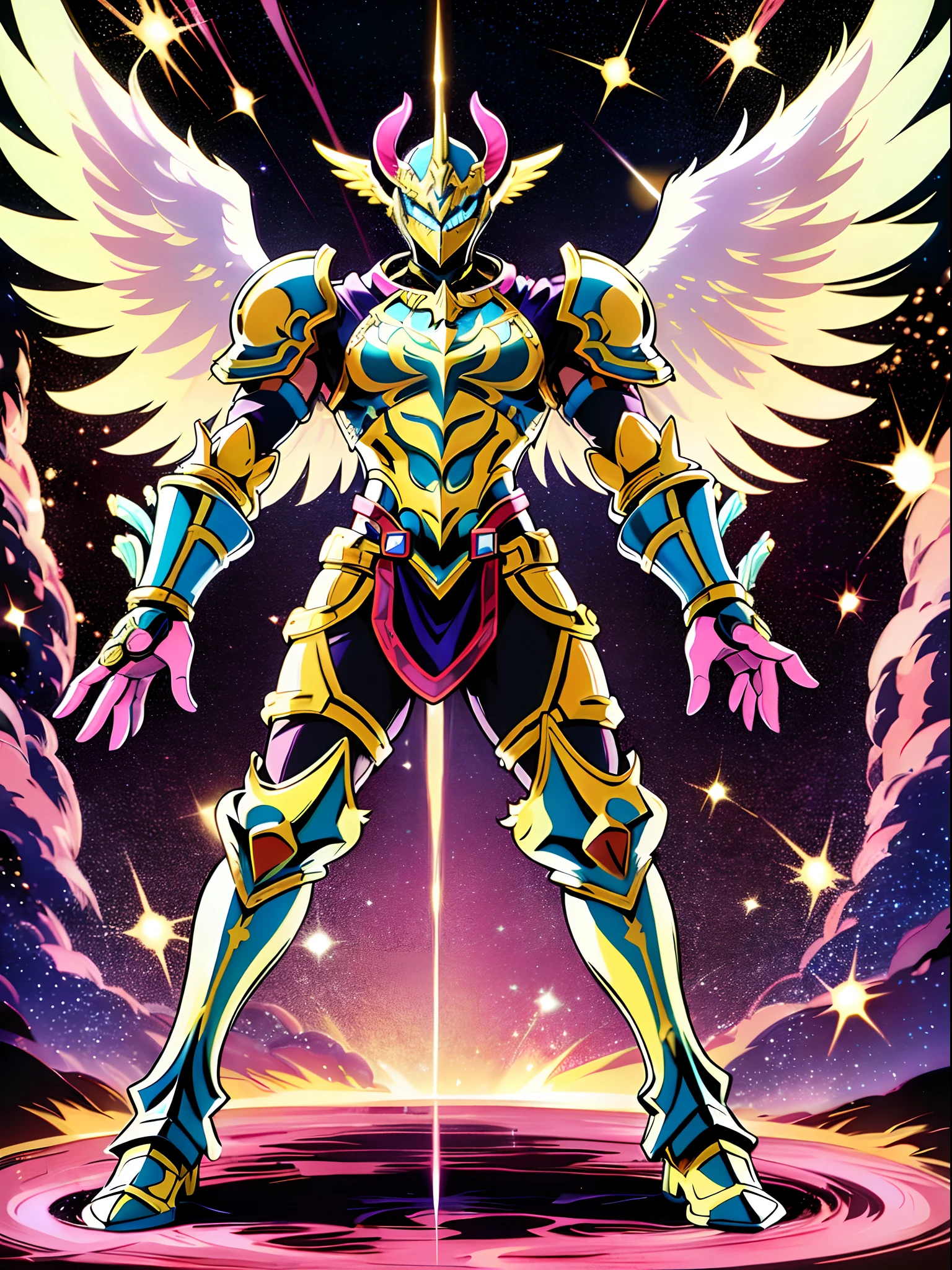 sentai ,, standing solo, weird, bizzare, angelic, divine, aura, celest, male, armor, knight, full body, psychedelic,