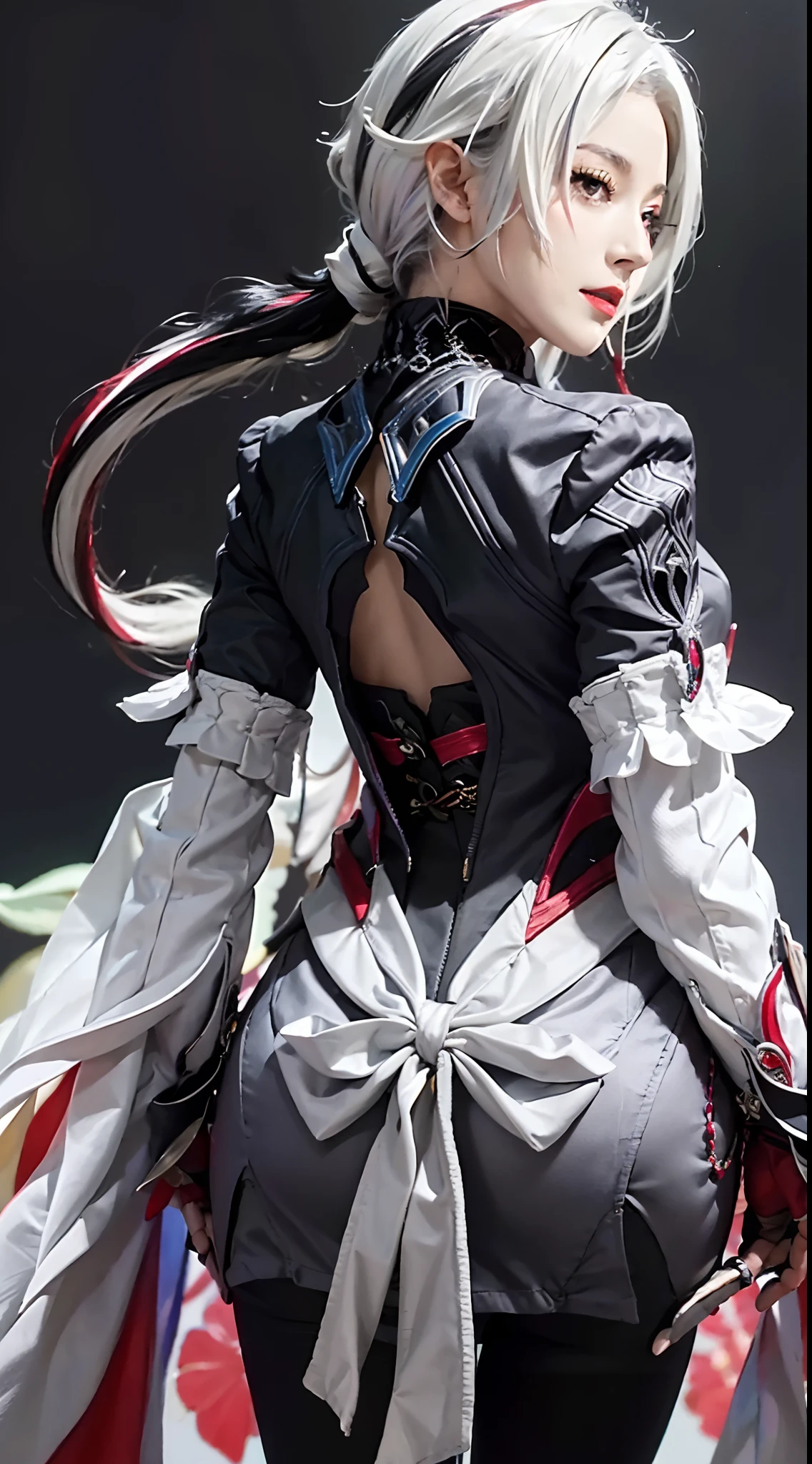 photorealistic,high resolution,soft light,1women,hips up, tall woman, white hair, black hair, multicolored hair, black eyes, arle_suit, arlecchino \(genshin impact\), multicolored hair, back view