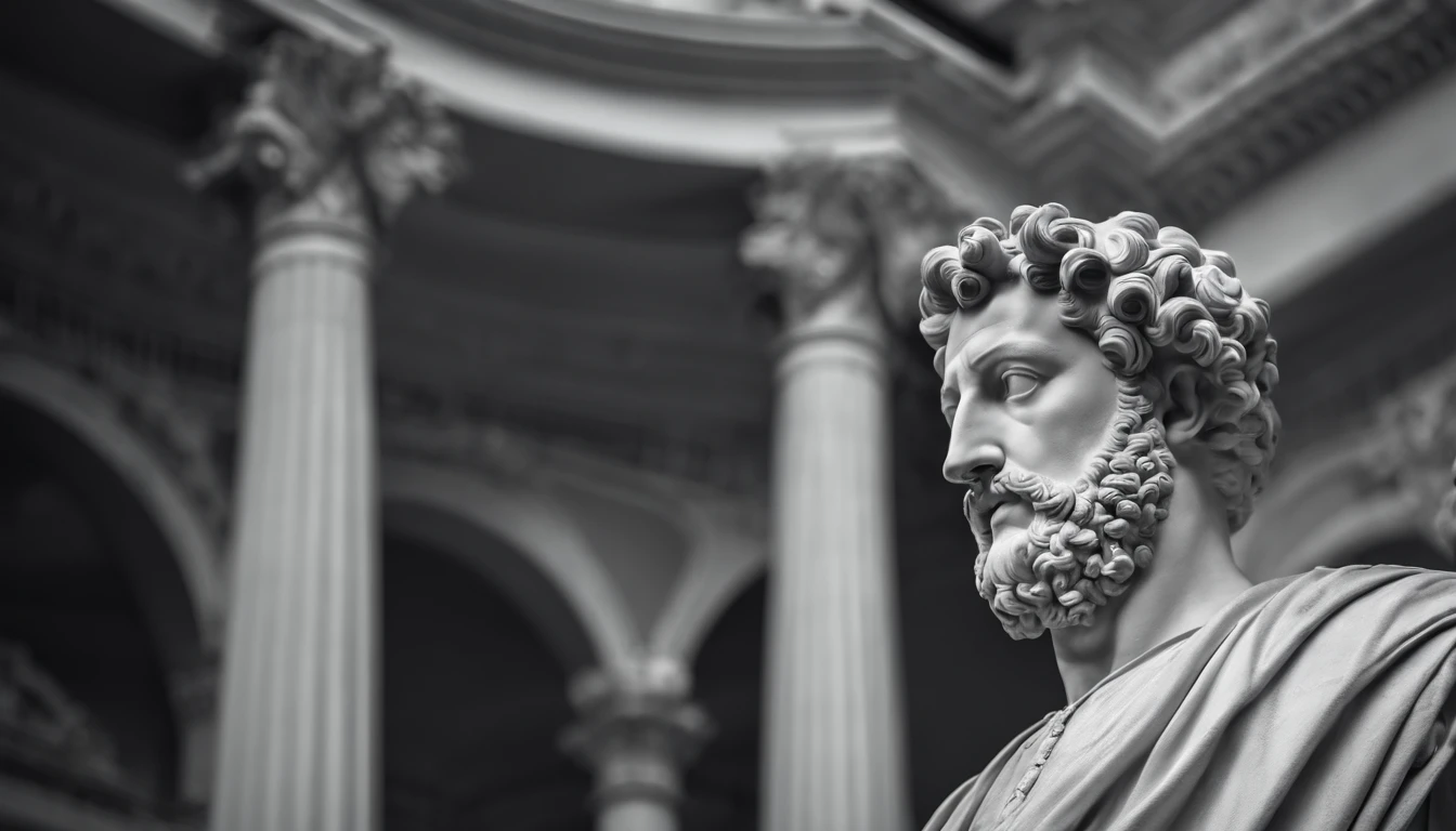 a statue of the stoic Marcus Aurelius in black and white 4K, papel de parede super realista, sem camisa, corpo forte,barriga forte, corpo todo,