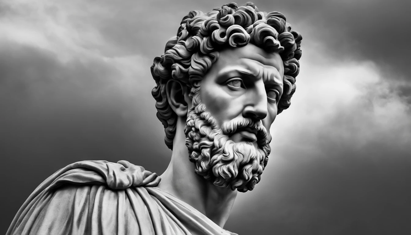 a statue of the stoic Marcus Aurelius in black and white 4K, papel de parede super realista, sem camisa, corpo forte,barriga forte, corpo todo,