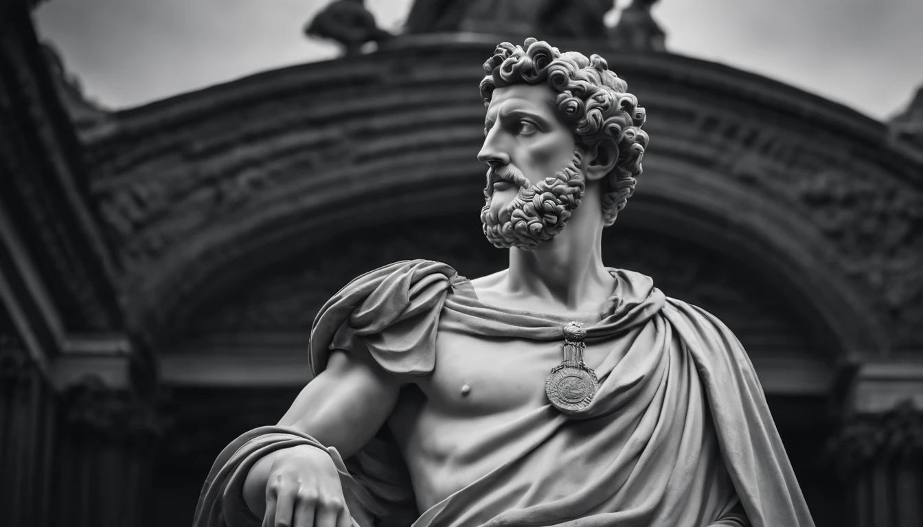 a statue of the stoic Marcus Aurelius in black and white 4K, papel de parede super realista, sem camisa, corpo forte,barriga forte, corpo todo,