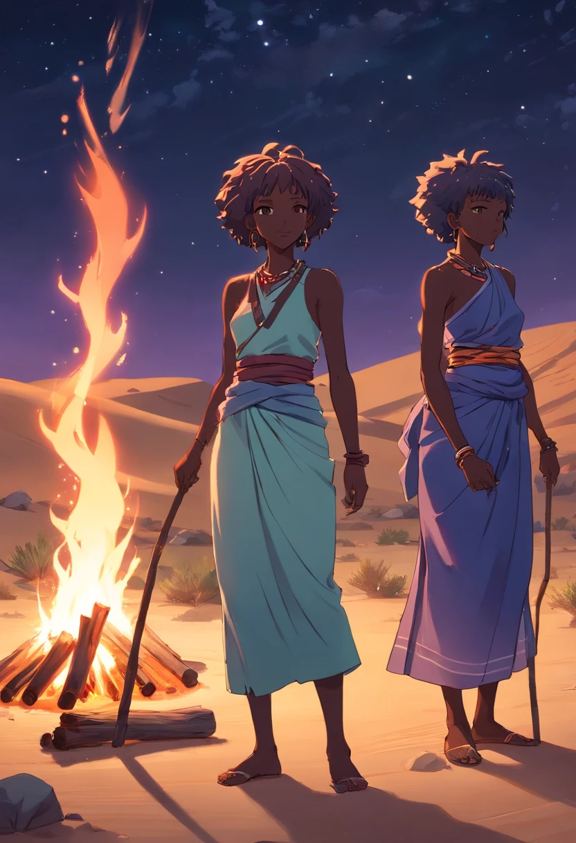 5 African old women in desert at night with sticks around afire telling story. dark skin, afro hair, dreadlocks, hair ornalents, starry night, sparks from the campfire, mystical. Girls doing traditional african dance from botswana