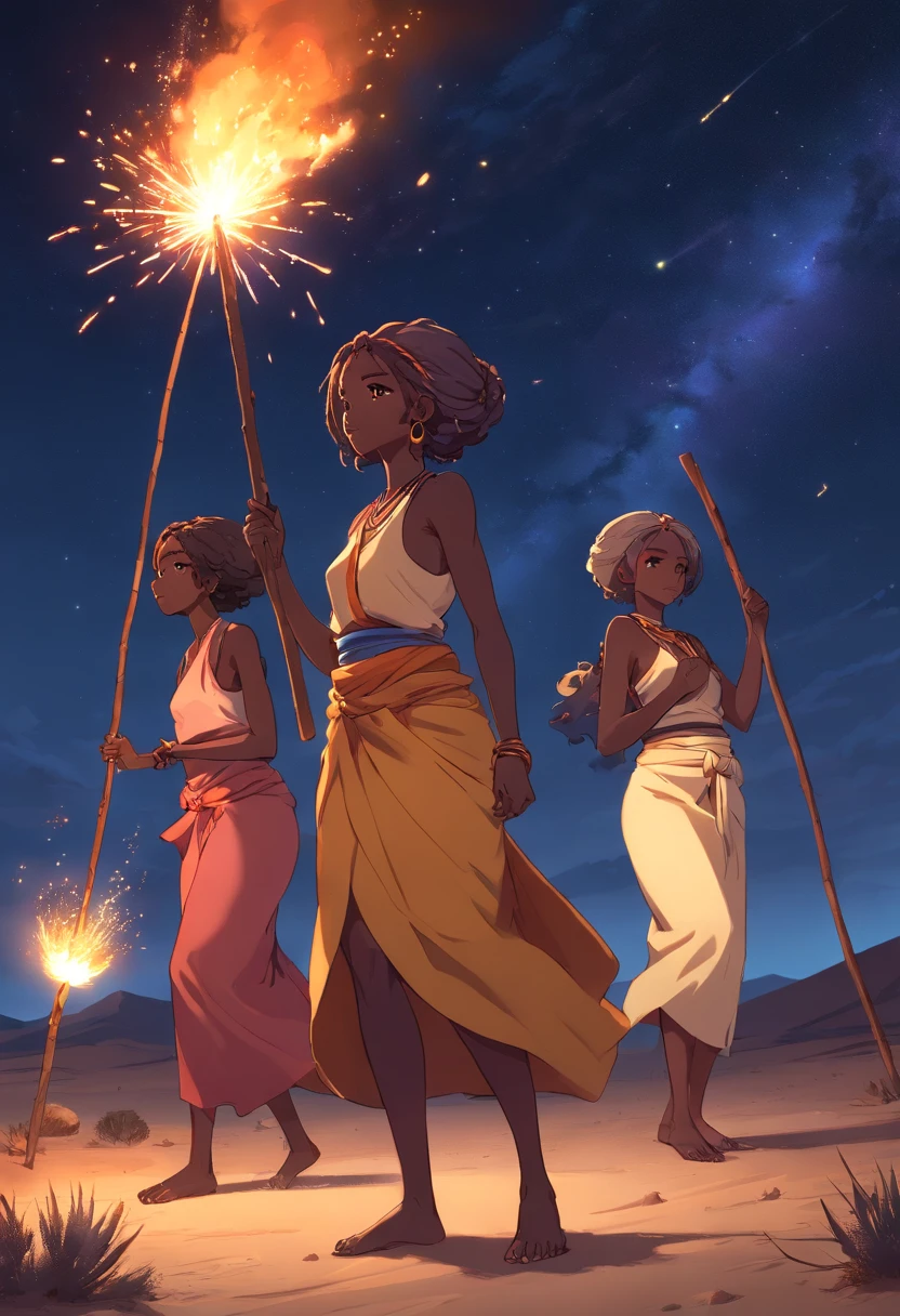 5 African old women in desert at night with sticks around afire telling story. dark skin, afro hair, dreadlocks, hair ornalents, starry night, sparks from the campfire, mystical. Girls doing traditional african dance from botswana
