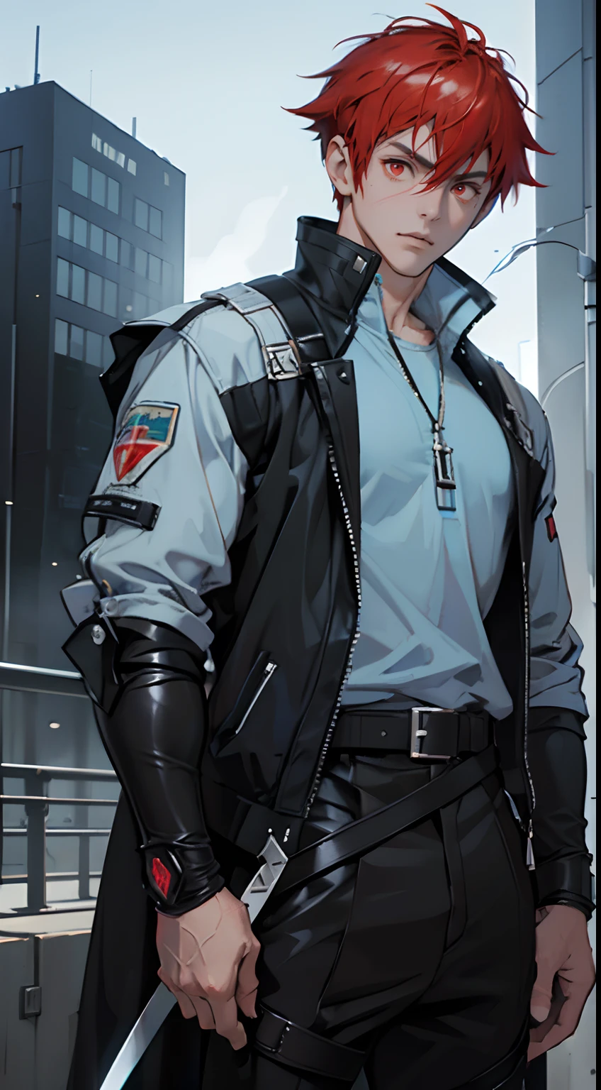 ((Best Quality)), ((Masterpiece)), (Detail: 1.4), 3D, Beautiful Cyberpunk Image, HDR (High Dynamic Range), Ray Tracing, NVIDIA RTX, Super Resolution, Unreal 5, Subsurface Scattering, PBR Texture, Post-Processing, Anisotropic Filtering, Depth of Field, Maximum Sharpness and Sharpness, Multi-layer Texture, Albedo and Highlight Mapping, Surface Coloring, Mitsu-Accurate Simulation of Material Interactions, Perfect Proportions, Octane Rendering, ((wearing a mix of Sword art online and futuristic clothing)) , Two-color Light, Large Aperture, Low ISO, white balance, regular three-point, 8K RAW, beautiful bright pupils, fine pupils, artistic sense, casual wear, high-end sense,(( wearing light blue , white , black:1.3)) , Handsome man , ((red hair)) , ((short cut hair style:1)) , tall , ((muscular:1.7)) , light skin , ((Red eyes:1.4)) , age 32