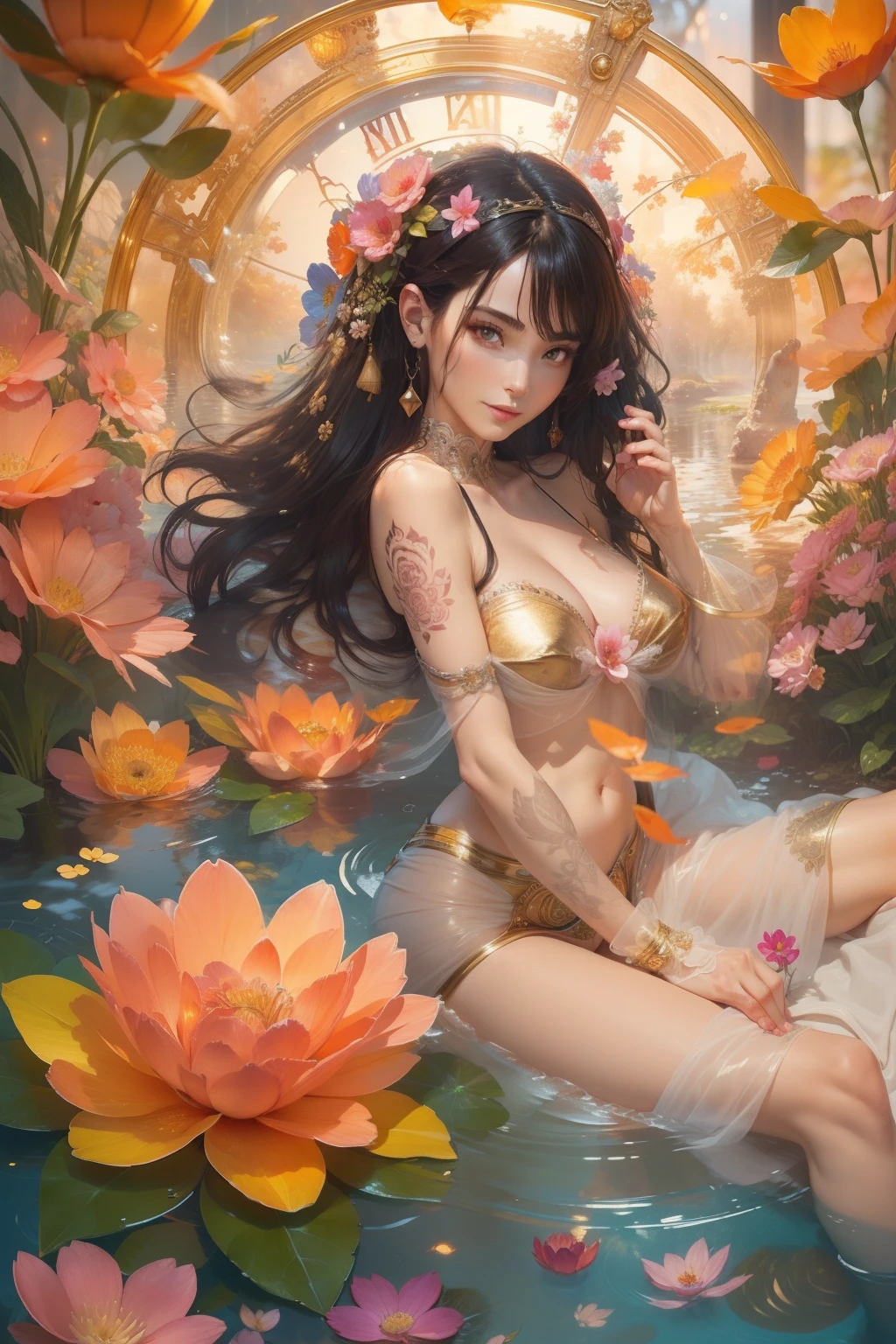 ,(masterpiece), best quality, expressive eyes, perfect face,Naked Summer, Full Tattoo, (Masterpiece, Top Quality, Best Quality, Official Art, Beautiful and aesthetic: 1.2), (1 flower), full body, Extremely Detailed, (Fractal Art: 1.3), Colorful, More Detailed , "Best Quality", "Masterpiece, Sakimichan-style art, slight smile, legs open, pubic hair view, 1 sexy girl in transparent forest clothing, exposed breasts, open transparent T-shirt, Mandala and flower tattoos, Best Quality ,black hair fused with platinum and gold, naked girl, visible beautiful pubic area, pink pesons, small breasts in sight, water pond in the garden, mandala and flower tattoos on the naked body, old floating clock, lamp, lantern , skin wet with water, bed floating in pond, beautiful girl lying on bed, fantasy, view from above, open legs, , Gorgeous goddess of fire, (Float on fiery orange clouds); Perfect hair, perfect full lips, Delicate and perfect body, Digital painting, intricately detailed eyes, Colourful, Ink painting, Beautiful watercolor, Realistic, Detailed, fine art, Oil painting, Finely drawn hands; By Artgerm, by Alphonse Mucha, author:Ilya Kuvshinov sty, Paintings by Olga Shvasur, Svetlana Novykova