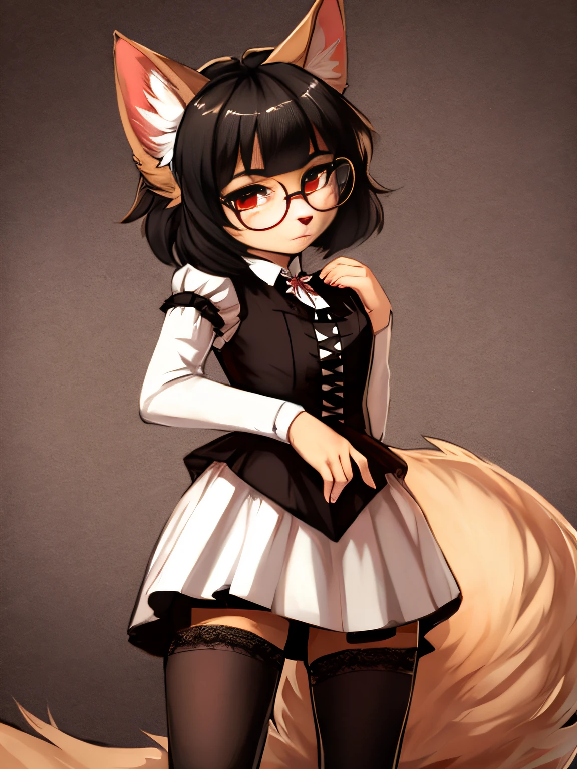 very skinny, tall, cat, (tan fur), fluffy tail, big fluffy tail, fluffy fur, modest, stockings, ta fashion, 1girl, solo, female, black hair, short hair, straight hair with bangs, red eyes, blank stare, cowboy shot, big ears, by zackary911, (coffeesoda:1.1), hioshiru, zackary911, glasses