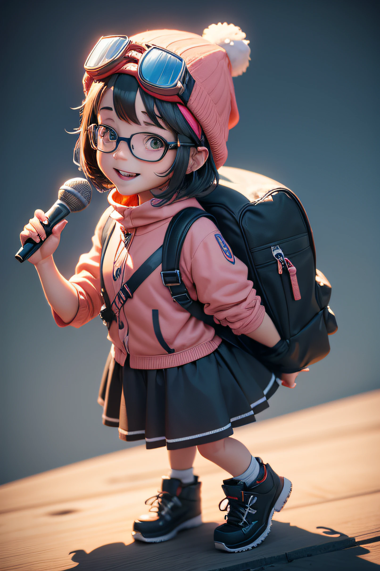 A character with a microphone in a hat and backpack, Cute s, Goggles over the hat, A broad smile , Animation-style rendering, cute 3d rendering, Small letters. unreal engine 5, stylized anime, cute detailed digital art, atey ghailan 8 k, Stylized 3D rendering, Adventure Surreal Renderings, anime style 3d, 3 d render stylized