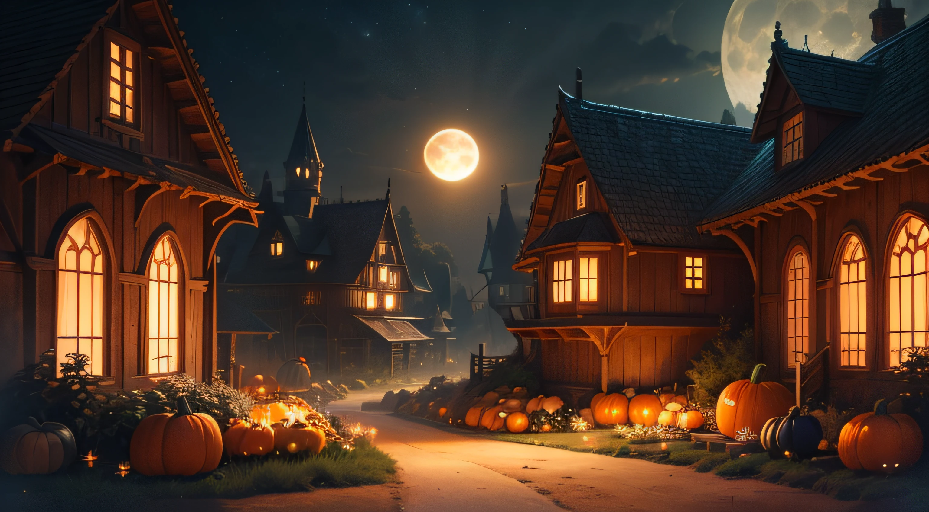 a fantasy landscape of a pumpkin patch, bright full moon shining down moon beams, a lush garden, orange pumpkins, trending on artstation, volumetric lighting, hyper detailed, intricate, ornate, ray tracing, 8k