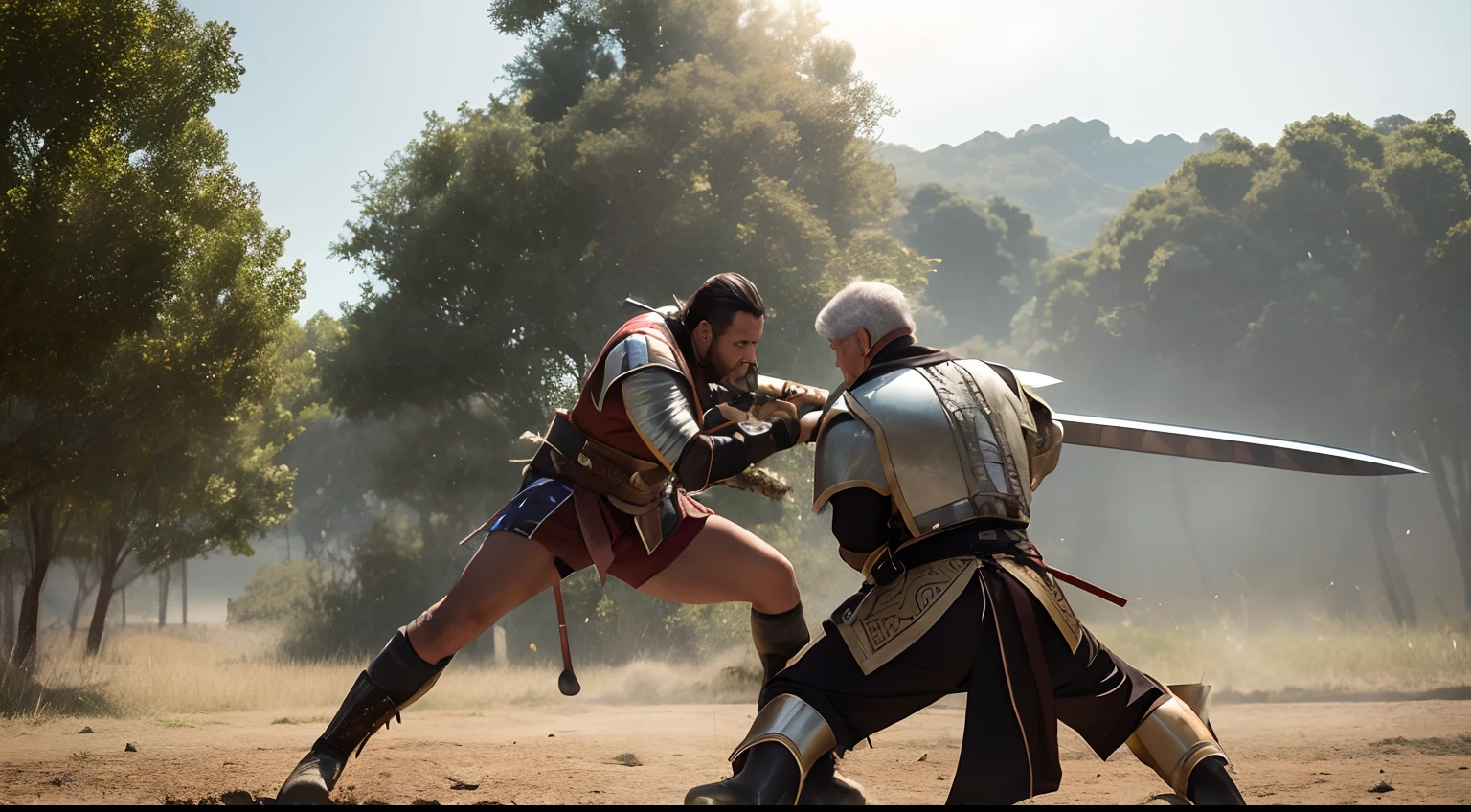 scenecy:

A field with tall grass and some sparse trees.
The sky is overcast, com um sol fraco brilhando entre as nuvens.
The air is filled with dust and smoke from battle.
Personagens:

Dois guerreiros, um de cada lado do campo.
The warrior on the left is a tall, muscular man, com cabelos longos e uma barba velho com uns 45 anos.
He is wearing heavy armor and wielding a double-edged sword.
The warrior on the right is a tall, proud-looking young man, com cabelos curtos e uma armadura leve.
He's wielding a one-handed sword.
action:

The two warriors are fighting each other, com espadas empunhadas.
They are in full combat, with the swords crossing in an epic duel.
The older man is using his strength wisely to attack the younger, But he's using his agility to defend himself.
Detalhes:

The older man has a calm expression on his face, while the younger one is with an expression of determination.
The swords are shining in the faint sun.
The air is full of sparks and smoke.
Resultado esperado:

Uma imagem ultra-realista de um duelo de espadas entre dois guerreiros. Image should be in high resolution, capturando todos os detalhes do duelo. The setting should be realistic and the action should be exciting.