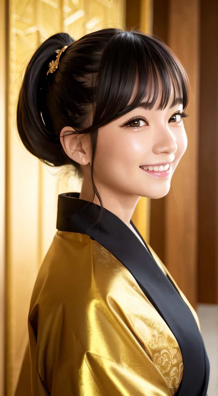 masutepiece, Best Quality, hight resolution, photoreaslistic, Detailed face, 1girl in, Upper body, Golden kanzashi hair, Ponytail hair, Black hair, Cute,Smile, shrines, shining background, Golden kimono
