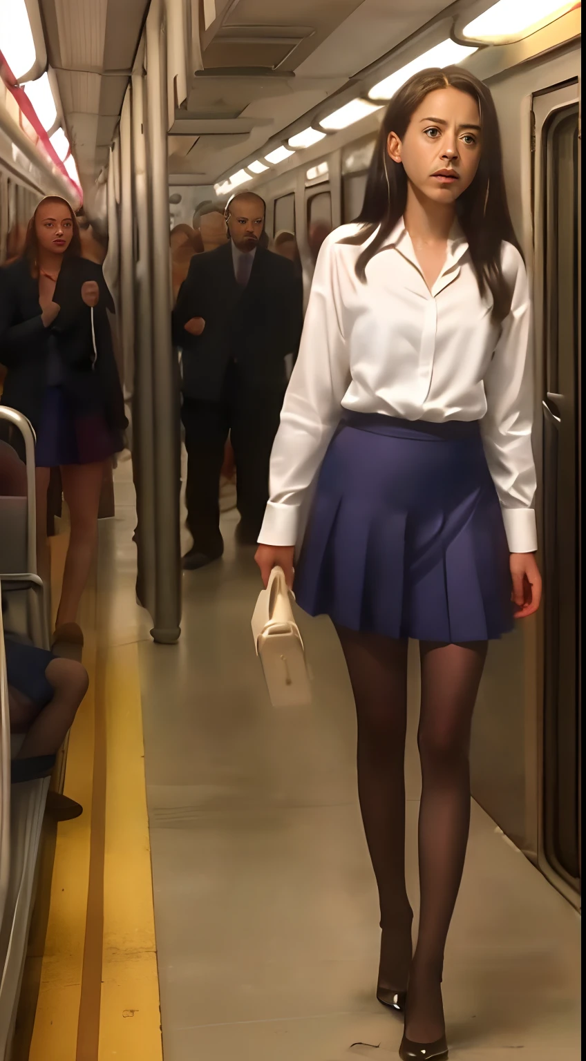 ((Robert Downey as a -teen girl)), lolouse, tiny pleated skirt, waist-high black tights, high heels, full body photo, very fair skin, shaved hair, busy train car, photorealistic, indirect lighting, volumetric light, ray tracing, hyperdetailed