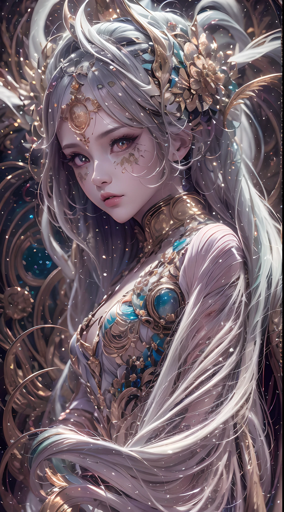 (best qualtiy,ultra - detailed,Most Best Illustration,Best shadow,tmasterpiece,A high resolution,professionalartwork,famousartwork),Detailed eyes,beautidful eyes,closeup cleavage,sci-fy,colored sclera,Robot eyes,face markings,Tattooed with,(fractalized,Fractal eyes),largeeyes,Wide eyes,(Eye focus),sface focus,Cosmic eyes,Space eyes,Close-up of metal sculpture of a woman with a moon in her hair,goddes。extremly high detail,3 d goddess portrait,Extremely detailed footage of the goddess,a stunning portrait of a goddess,Side image of the goddess,portrait of a beautiful goddess,Full body close-up portrait of the goddess,hecate goddess,portrait of a norse moon goddess,goddess of space and time