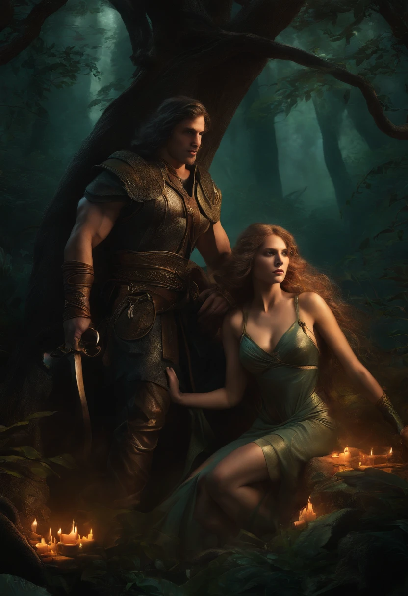 In a dark and mysterious forest, muscular lamia woman, lamia woman is very sweaty, her serpentine body coiling around a weak man, lamia crushes the weak man in her coil, the man’s vulnerability becomes evident, the man struggles to breath as lamia woman crushes weak man to death.