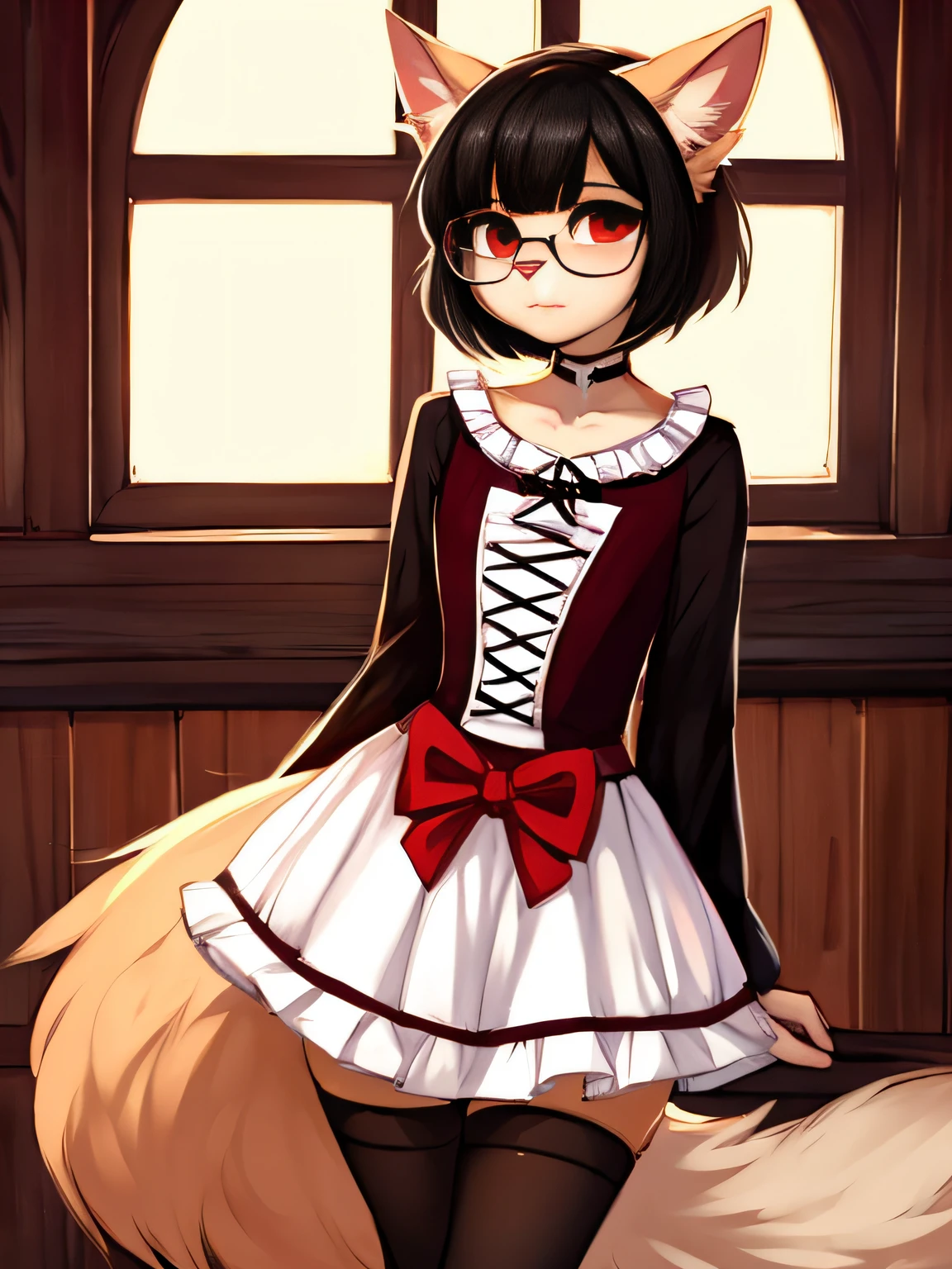 very skinny, tall, cat, (tan fur), fluffy tail, big fluffy tail, fluffy fur, long-sleeves, stockings, lolita fashion, 1girl, solo, female, black hair, short hair, straight hair with bangs, red eyes, blank stare, cowboy shot, big ears, by zackary911, (coffeesoda:1.1), hioshiru, zackary911, glasses