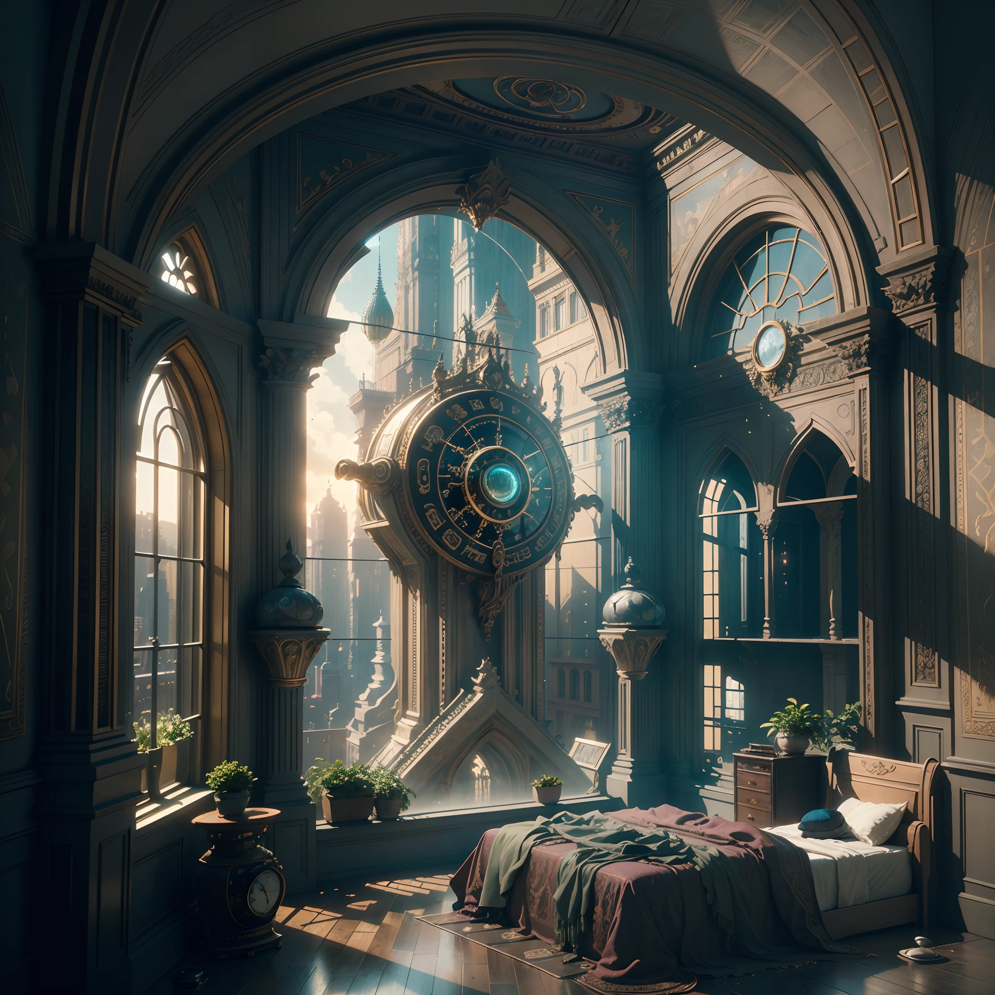 (((Generate an ornate bedroom in the style of Versailles with a big historical window.))) A hyperrealistic cyberpunk dreamscape cityscape is in the window. The cityscape is extremely detailed with many lights and LED neon colors and buildings of many different sizes. The cityscape has all colors of the rainbow and has hires interesting flying steampunk dirigibles. A giant steampunk standalone clock is seen ((through the window)). It is peaceful in the bedroom. The entire artwork is very realistic with many small details and enhancements. 3D render beeple, artstation and beeple highly, in fantasy sci-fi city, inspired by beeple, 8k, unreal engine unity CGI. Masterpiece and popular. Add many fantastical and beautiful details and nuances.