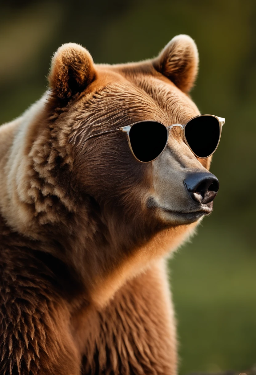 Perfect centralization, Brown bear bonito, wearing sunglass, Usando fones de ouvido, alegria, Standing position, beleza abstrata, Centrado, looking the camera, Facing the camera, nearing perfection, Dynamic, altamente detalhado, liso, foco nítido, 8k, high-definition resolution