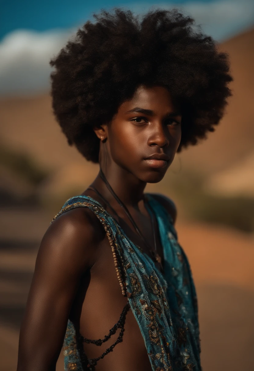 adolescente negro, 15anos, cabelo drop fade crespo, corpo inteiro, armadura baseada na africa, stone left arm