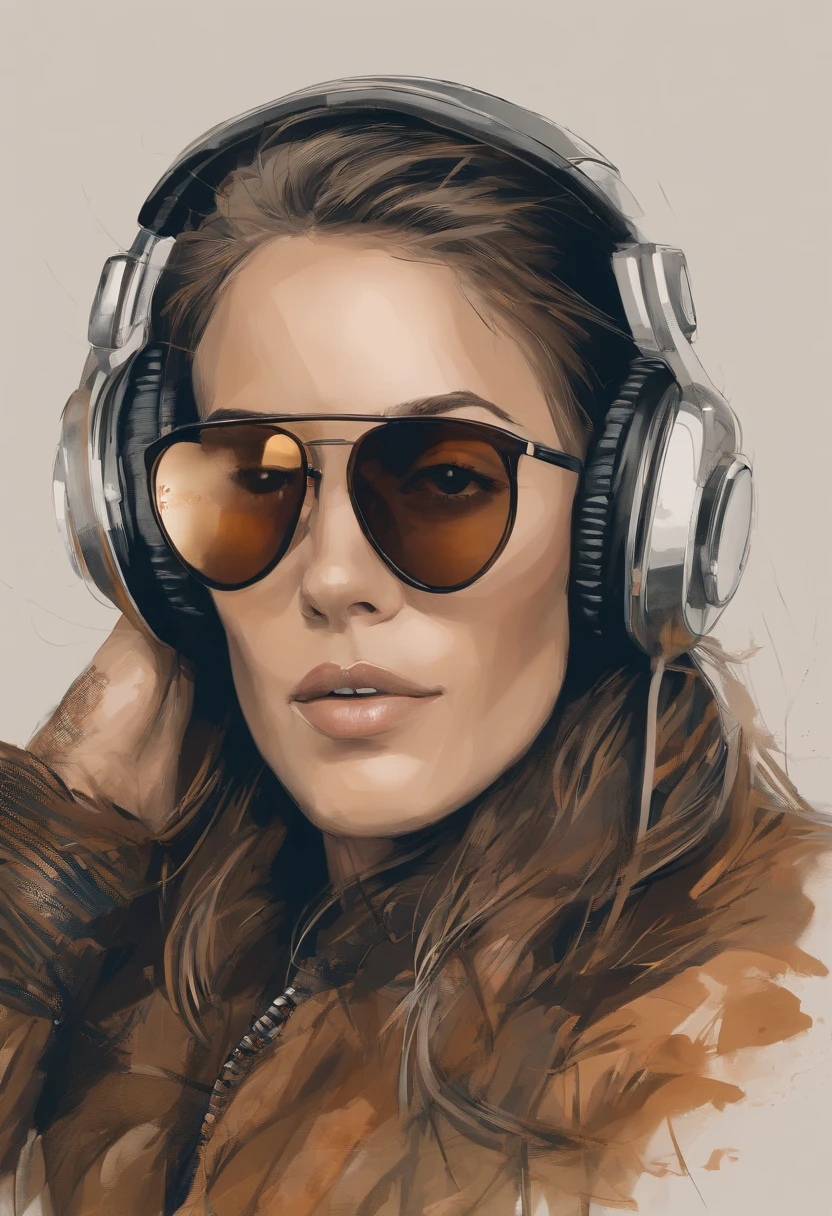 Perfect centralization, urso marrom bonito, Use uma jaqueta da equipe de estudantes, wearing sunglasses, Usando fones de ouvido, alegria, Standing position, beleza abstrata, Centrado, looking at the camera, Facing the camera, nearing perfection, Dynamic, altamente detalhado, liso, foco nítido, 8k, high-definition resolution, illustration, arte de Carne Griffiths e Wadim Kashin, fundo branco