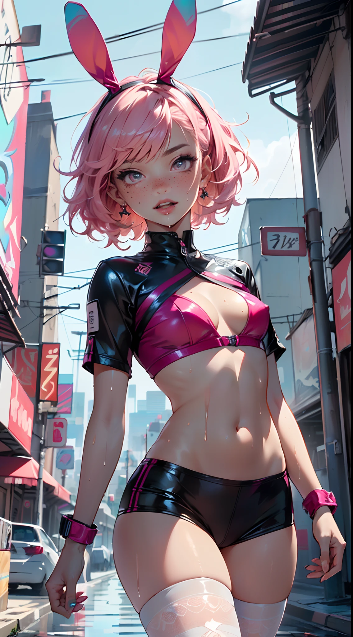 cute little bunny loli,(((little loli,small tiny body,petite, chibi))),(((6 years old))),((little bunny loli with extremely cute and beautiful fuchsia hair)),(((bunny girl,anthro furry cute,bunny-girl))),(((bunny ears,bunny ears on head,big bunny ears))),
(((flat chest))),(((fuchsia hair:1.35,short fuchsia hair,colored inner hair,ear breathing,))),(((neon_fuchsia_eyes1.3))),intricate eyes,beautiful detailed eyes,symmetrical eyes,big eyes:1.5,(((freckles on the face,freckles,freckled girl))),(((lustrous skin:1.5,bright skin: 1.5,skin tanned,shiny skin,very shiny skin,shiny body,plastic glitter skin,exaggerated shiny skin,illuminated skin,wet legs))),(detailed body,(detailed face)),
cute,slutty,erotic,(((nsfw))),
zettai ryouiki,revealing clothing,show skin,((rave shirt,neon colored shirt,rave mini-skirt,visible thong straps)),(wearing a rave outfit:1.3,rave clothes,semi-naked,with little clothing),((wet clothes,intricate outfit,intricate clothes)),
(dynamic pose:1.0),solo focus,embarrassed,(centered,scale to fit dimensions,Rule of thirds),
cyberpunk city by the ocean at night, with bright neon signs and dark stormy clouds and puddles, scenery:1.25,
artistic photography,(photography taken by sldr),highres, sharp focus, (ultra detailed, extremely detailed), (photorealistic artwork:1.37),(extremely detailed CG unity 8k wallpaper),((synthwave background theme)),(((vibrant colors))),(intricate background),(masterpiece),(best quality)